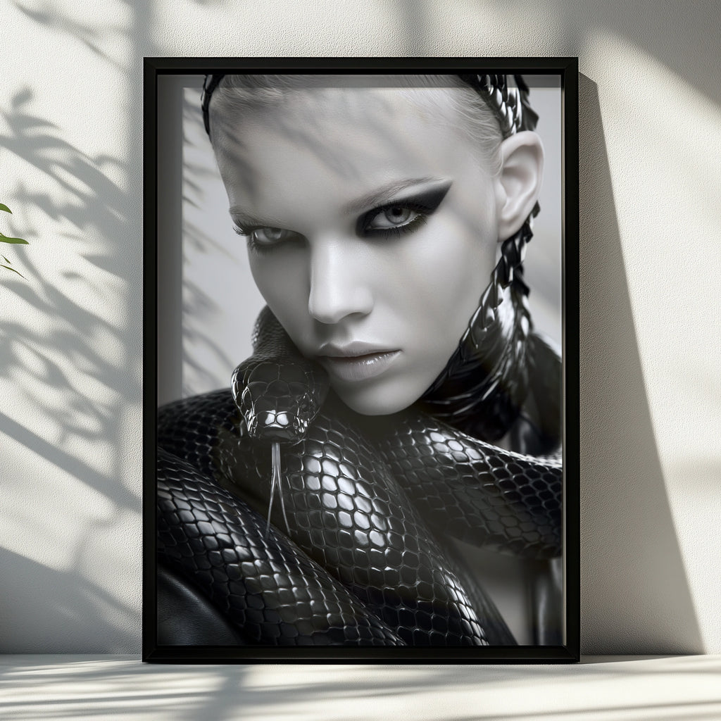 Woman with Snake Fashion Portrait Poster, Dark Monochrome Wall Art Print