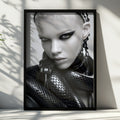 Woman with Snake Fashion Portrait Poster, Dark Monochrome Wall Art Print