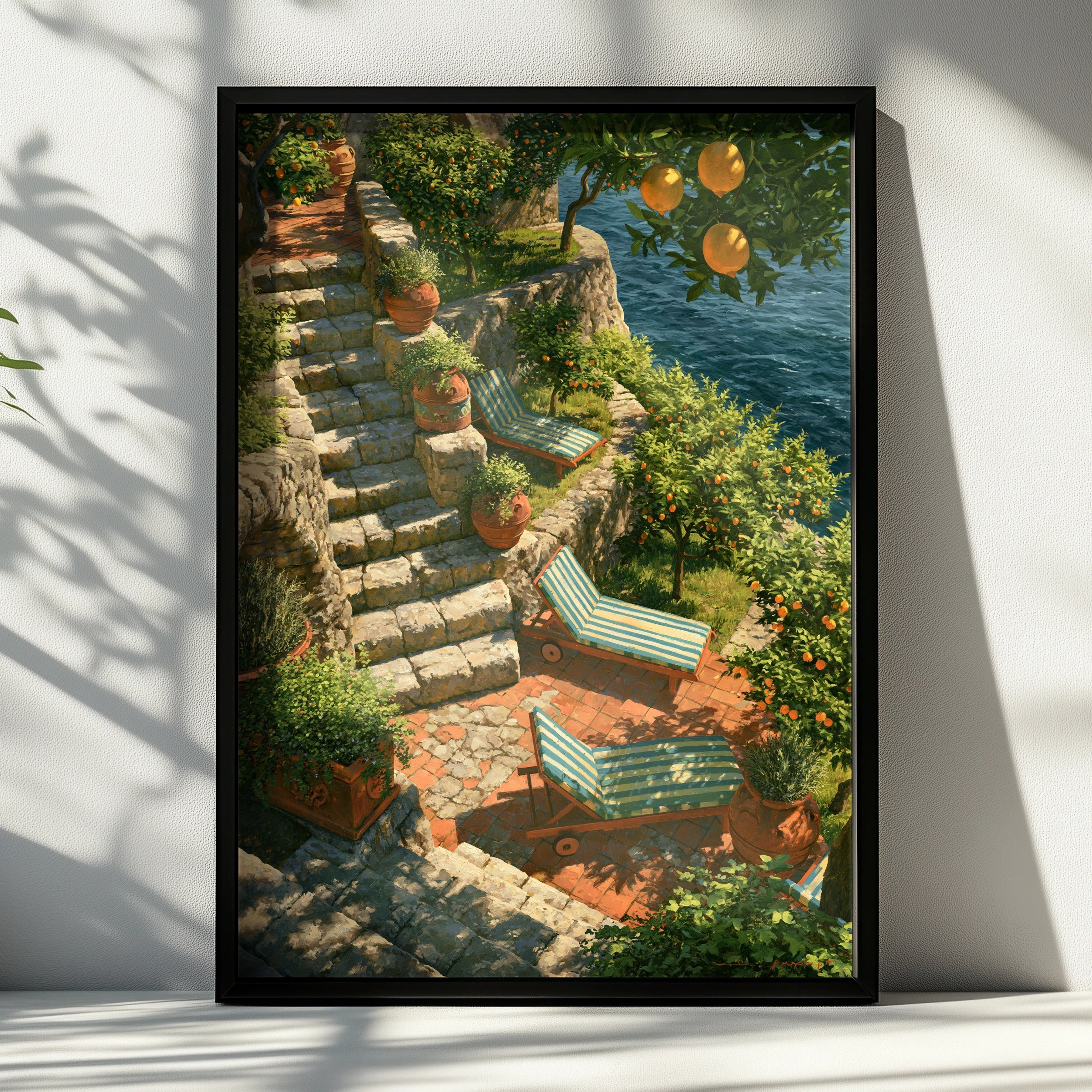 Amalfi Coast Terrace Poster, Orange Trees Sea View, Italian Riviera Wall Art
