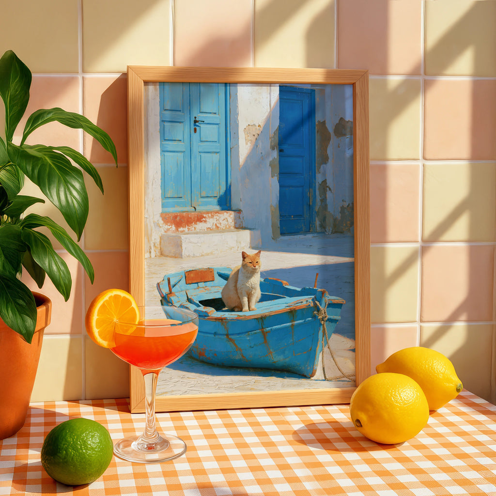 Cat in Blue Boat Mediterranean Street Wall Art Poster, Oil Painting Style
