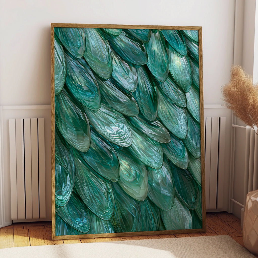 Emerald Scales Wall Art Poster, Teal Green Iridescent Abstract Print