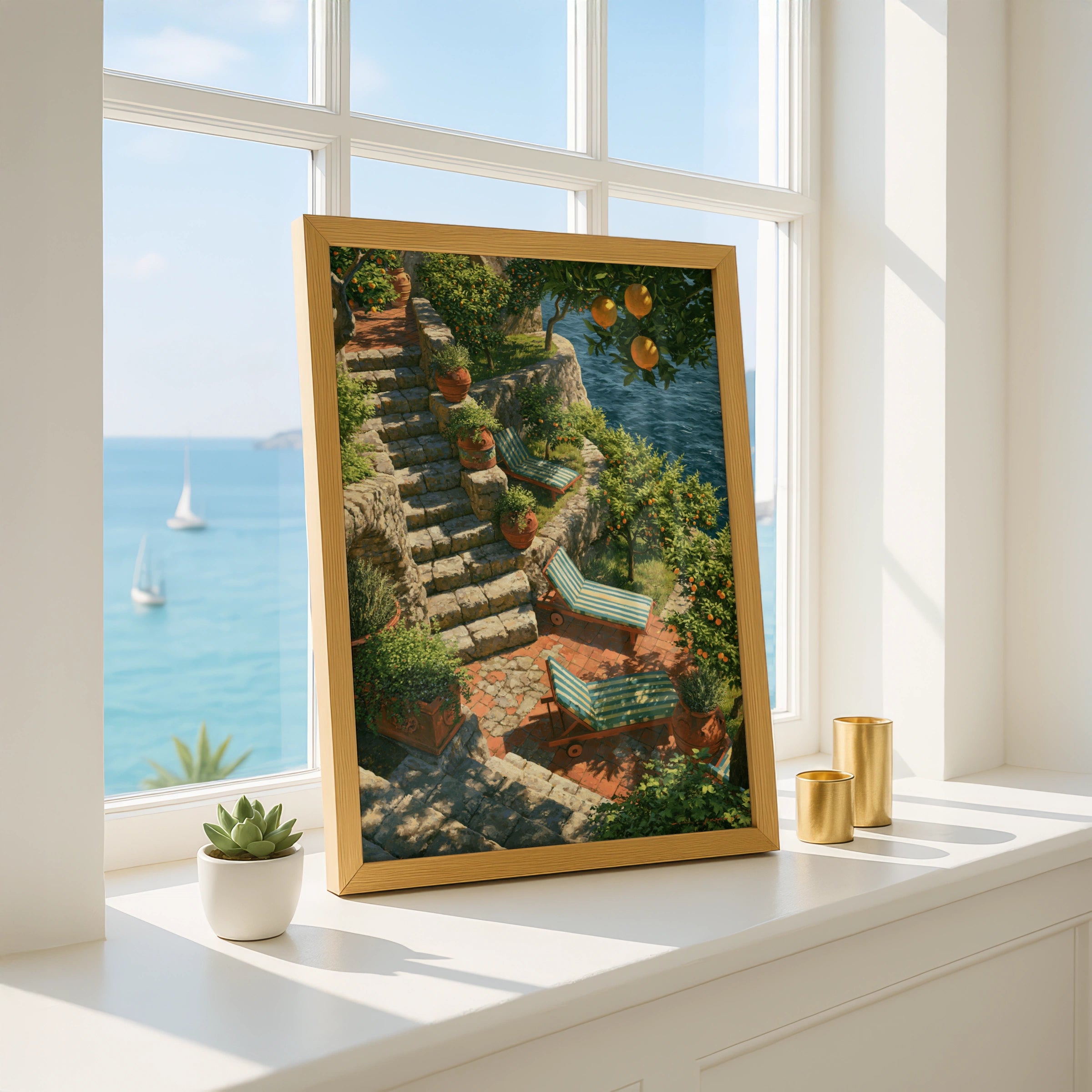 Amalfi Coast Terrace Poster, Orange Trees Sea View, Italian Riviera Wall Art