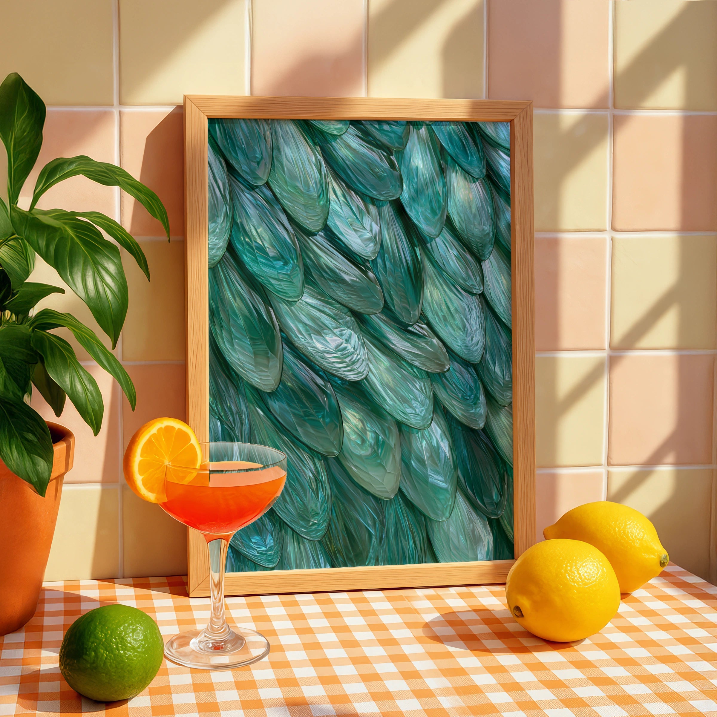 Emerald Scales Wall Art Poster, Teal Green Iridescent Abstract Print