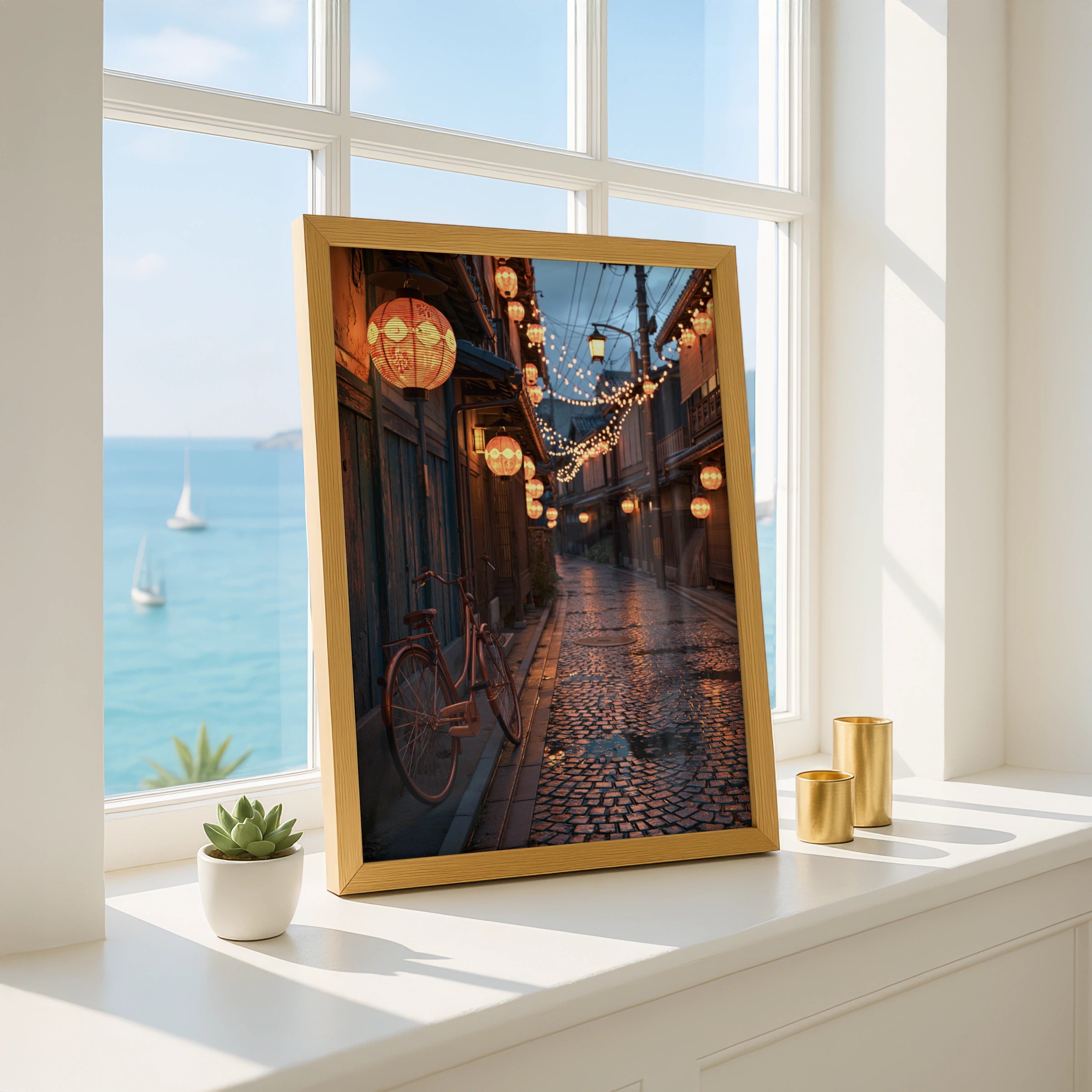 Kyoto Street Night Poster, Japanese Lanterns, Bicycle Wall Art Print