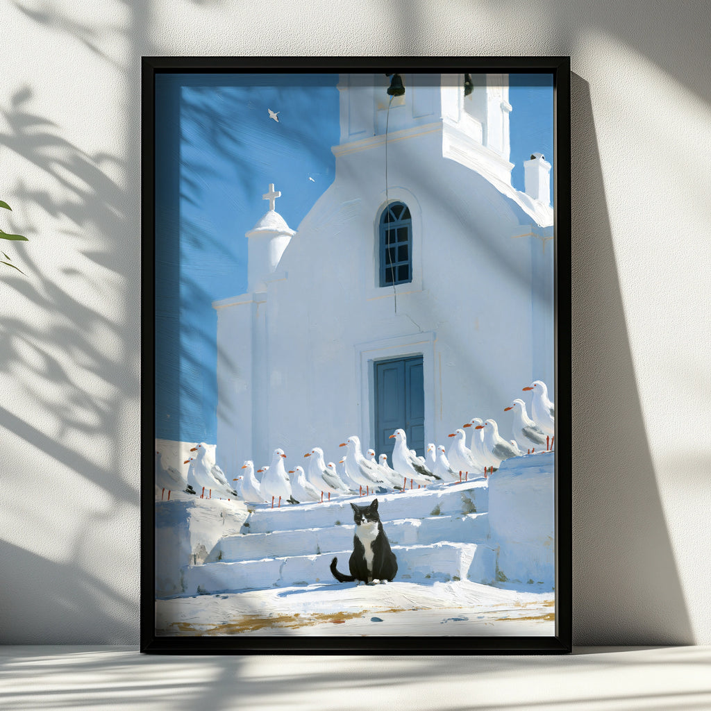Cat & Seagulls Greek Church Poster, Santorini Wall Art, Mediterranean Print