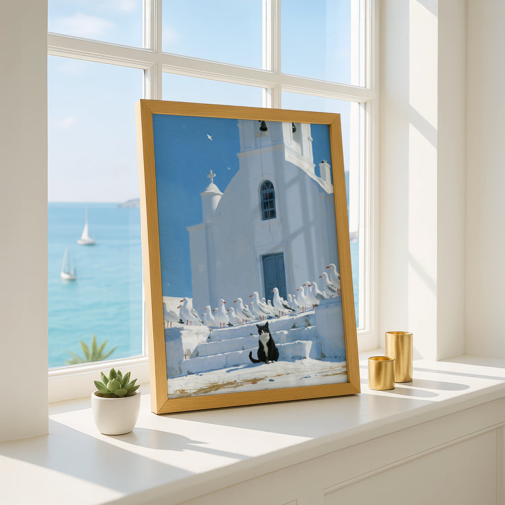 Cat & Seagulls Greek Church Poster, Santorini Wall Art, Mediterranean Print
