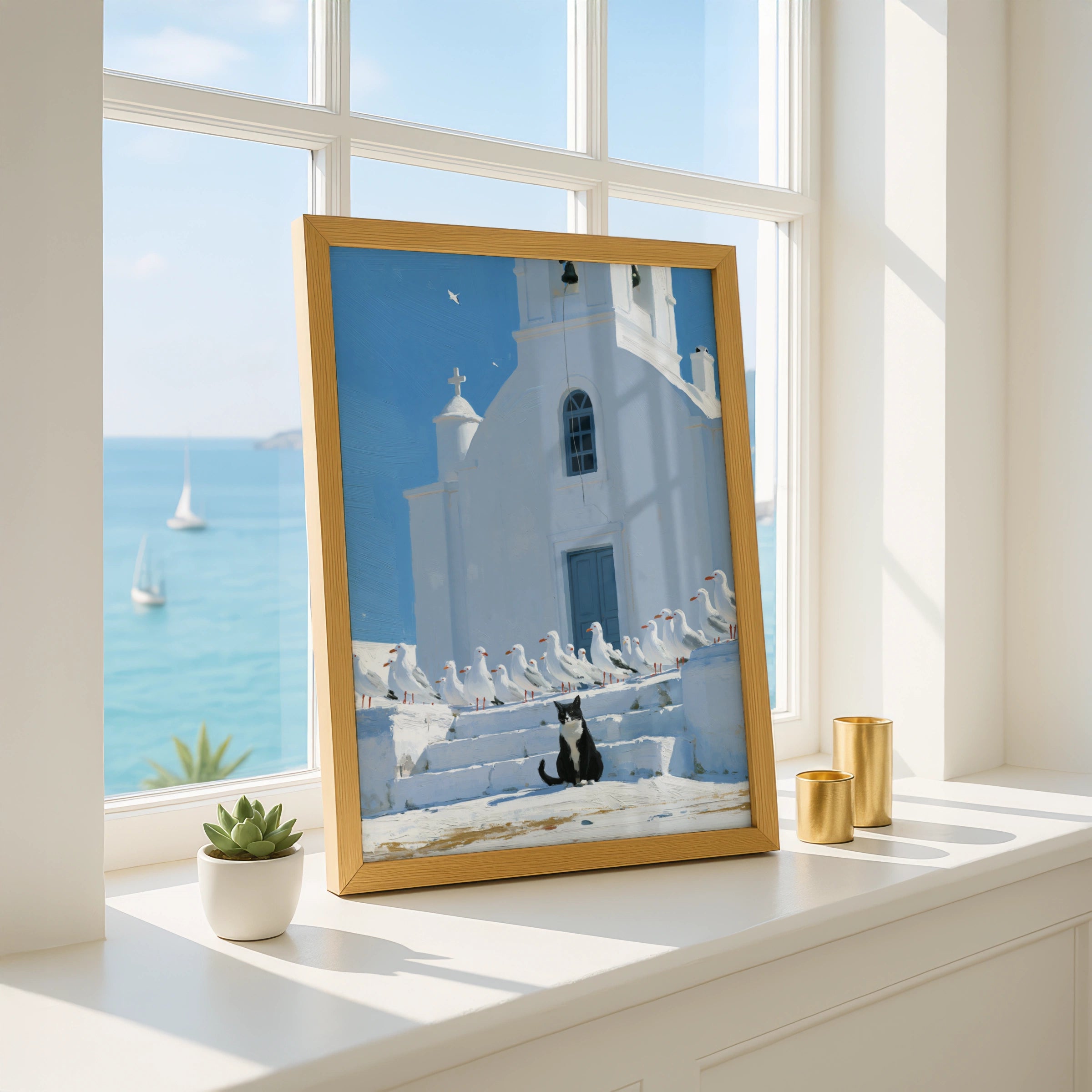 Cat & Seagulls Greek Church Poster, Santorini Wall Art, Mediterranean Print