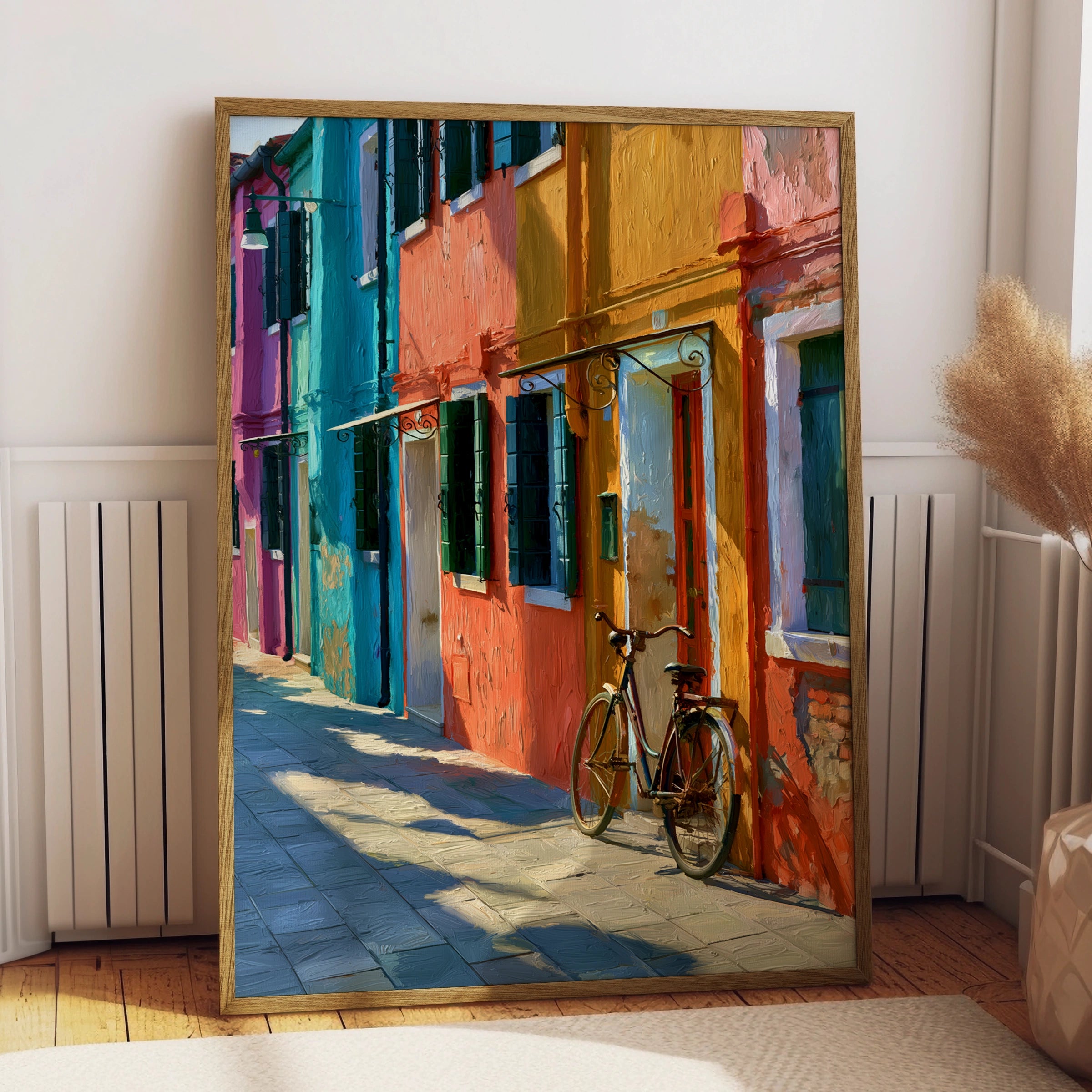Burano Street Wall Art Poster, Colourful Italy Print, Oil Painting Style