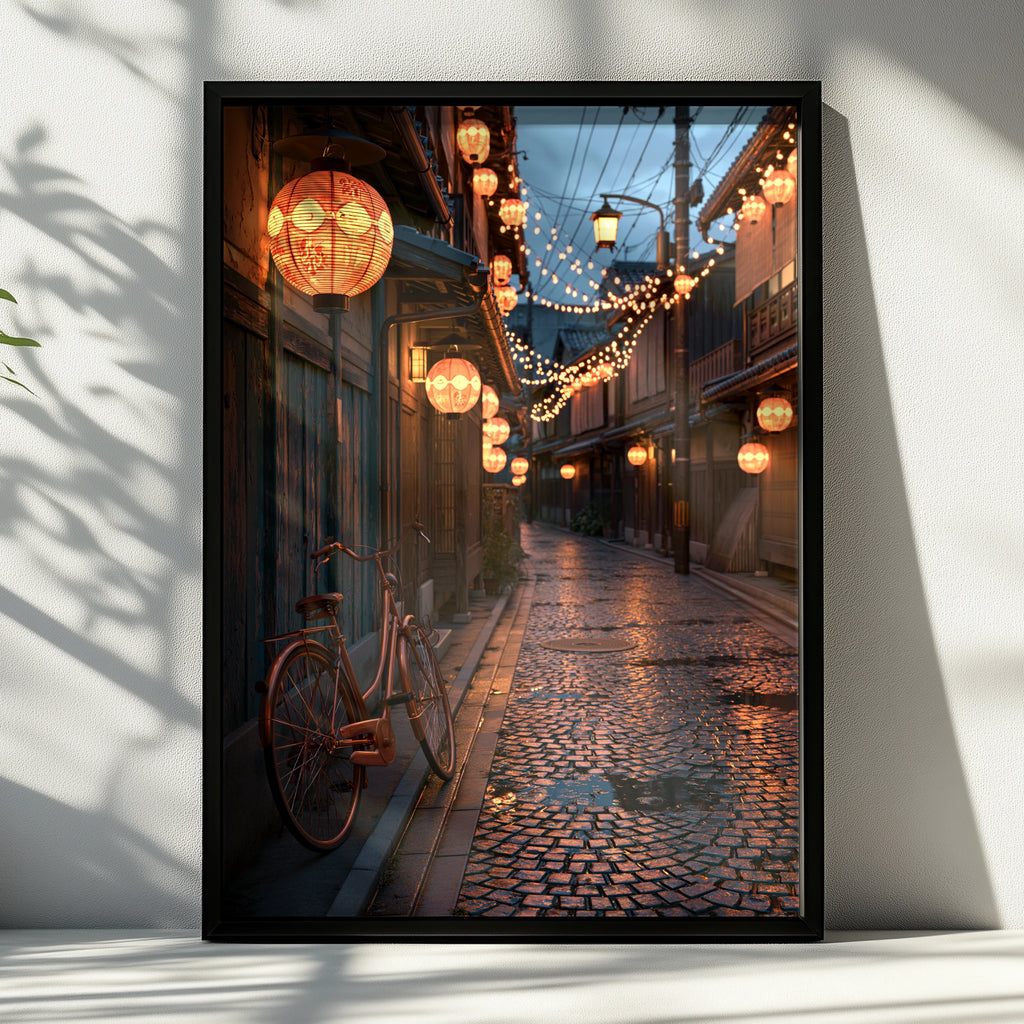 Kyoto Street Night Poster, Japanese Lanterns, Bicycle Wall Art Print