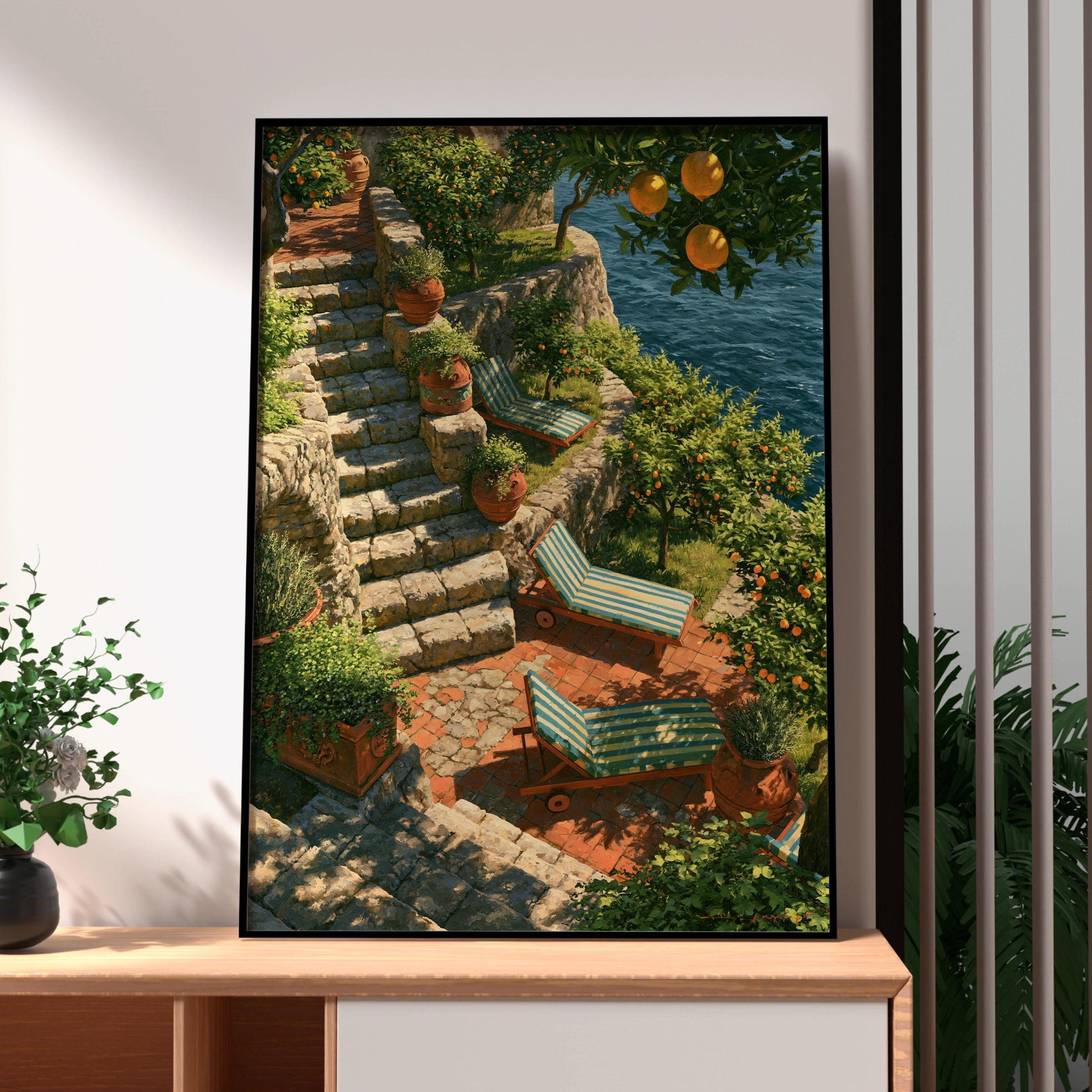 Amalfi Coast Terrace Poster, Orange Trees Sea View, Italian Riviera Wall Art