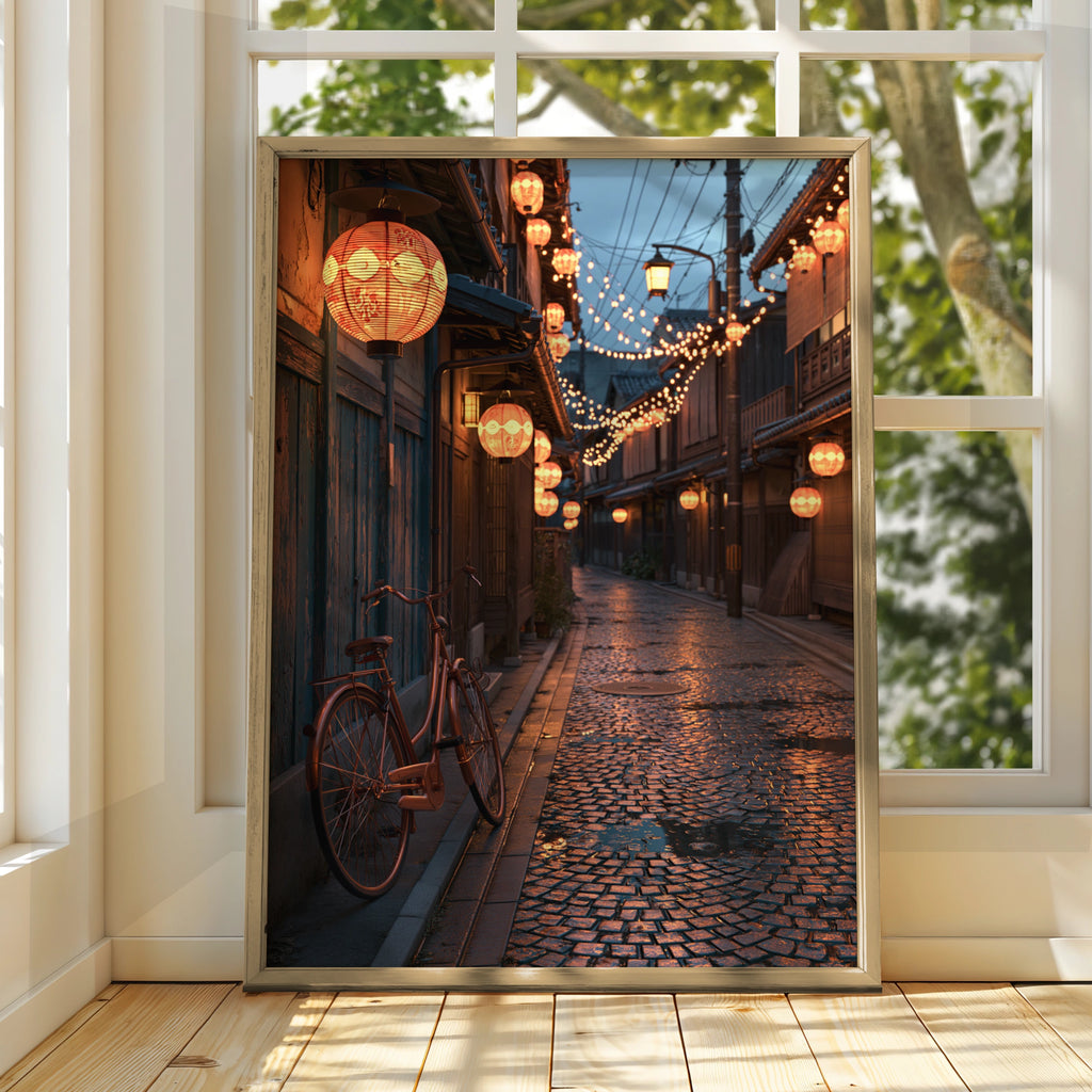 Kyoto Street Night Poster, Japanese Lanterns, Bicycle Wall Art Print