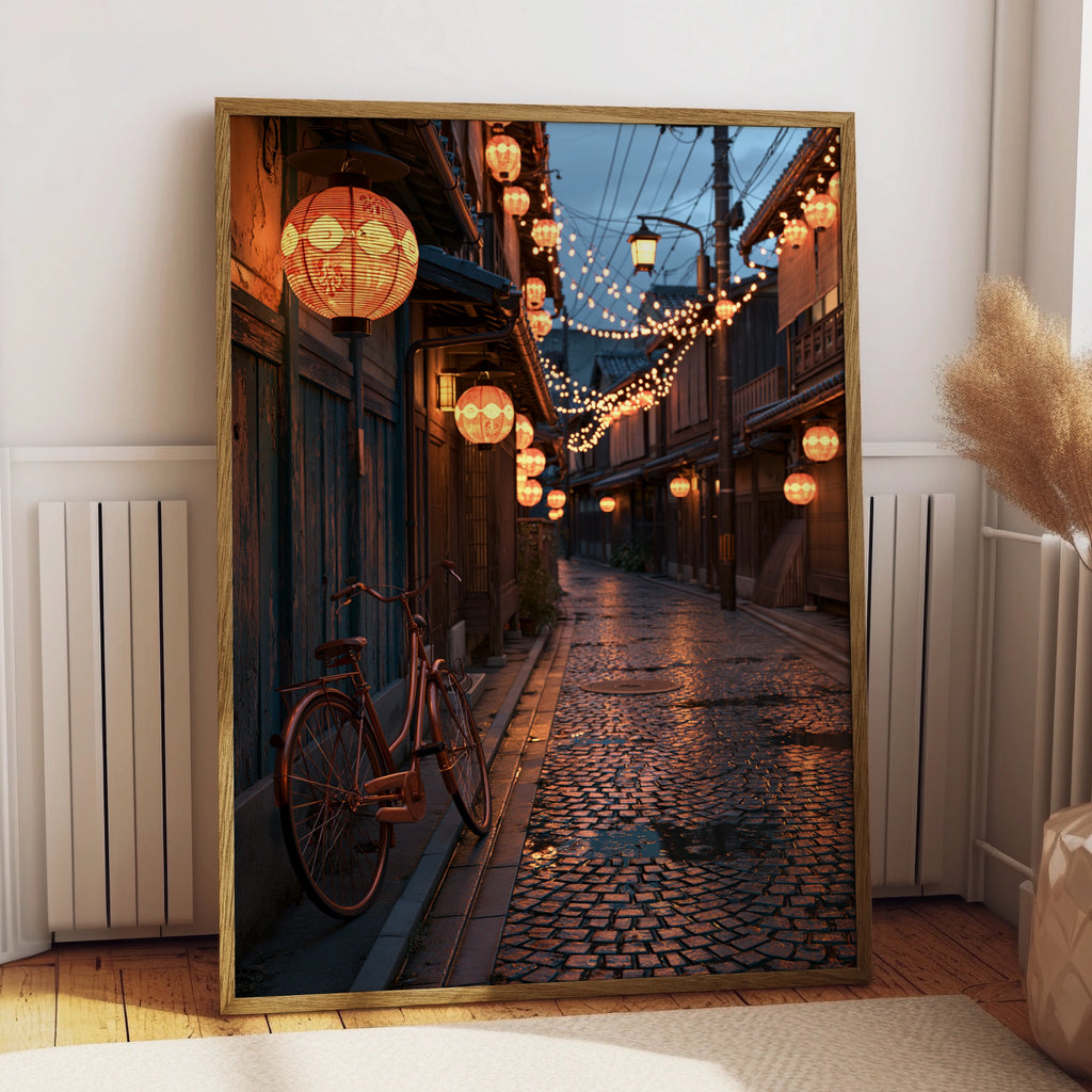 Kyoto Street Night Poster, Japanese Lanterns, Bicycle Wall Art Print