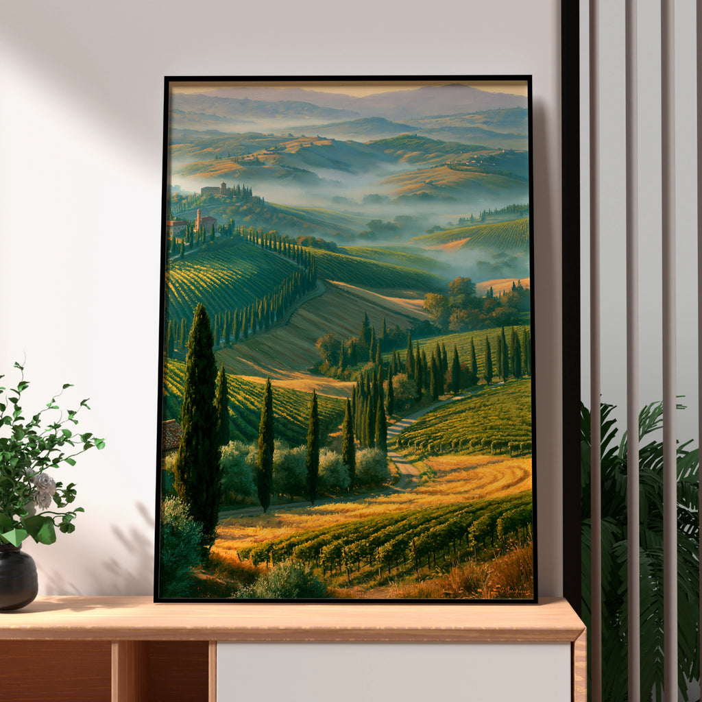 Tuscan Hills Wall Art Poster, Italian Countryside Landscape, Vineyard Print