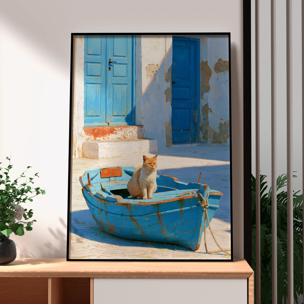 Cat in Blue Boat Mediterranean Street Wall Art Poster, Oil Painting Style