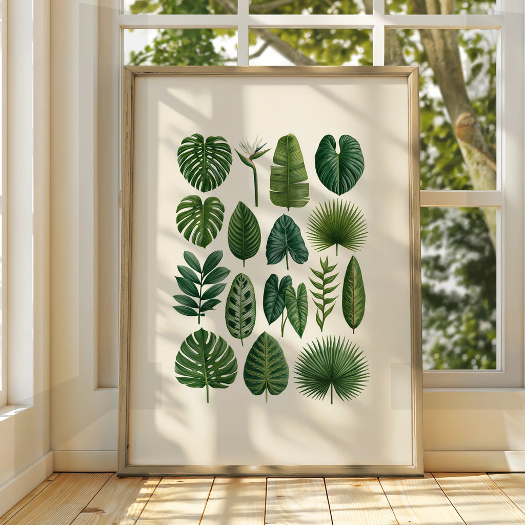 Tropical Botanical Leaf Collection Poster, Monstera Palm Print, Green Wall Art