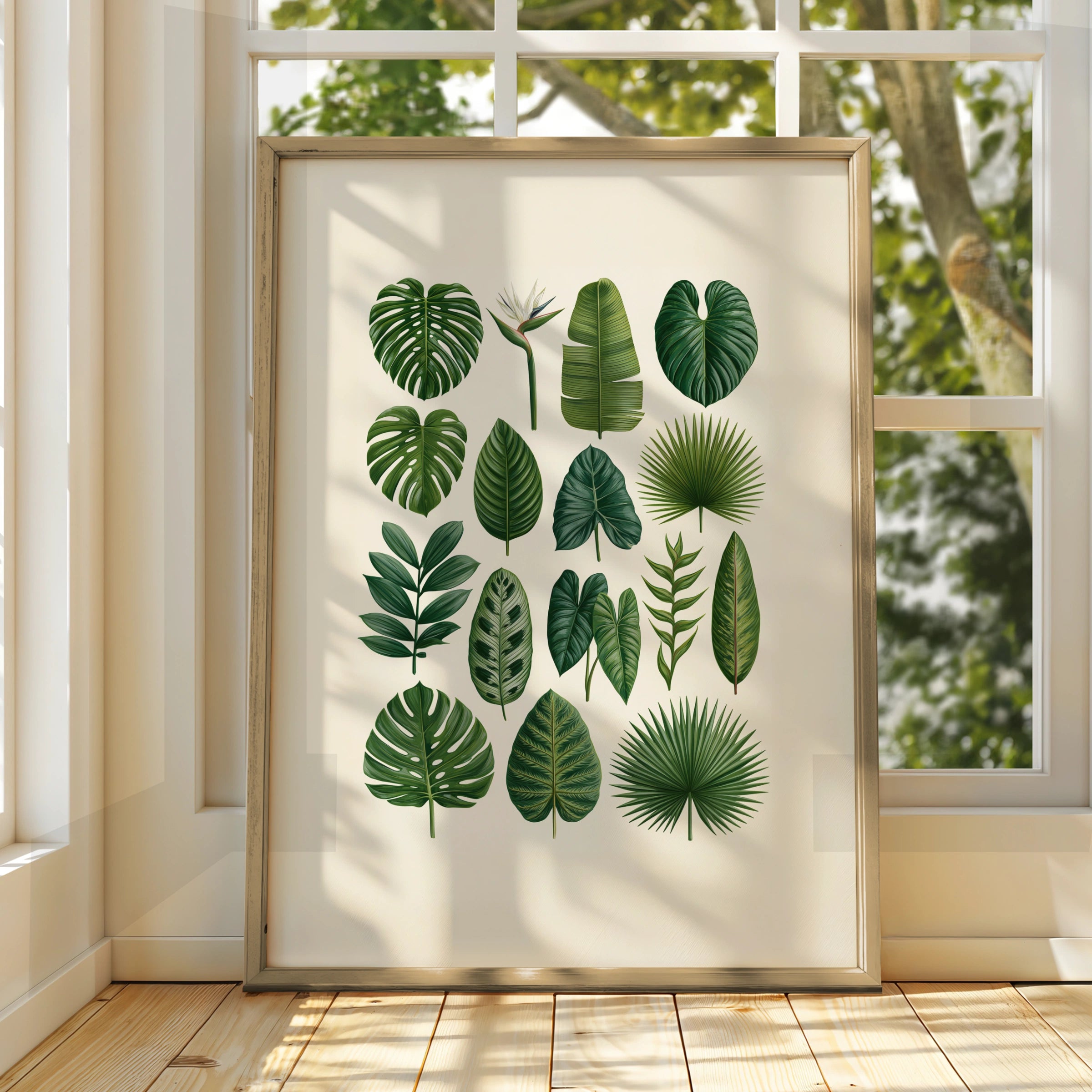 Tropical Botanical Leaf Collection Poster, Monstera Palm Print, Green Wall Art