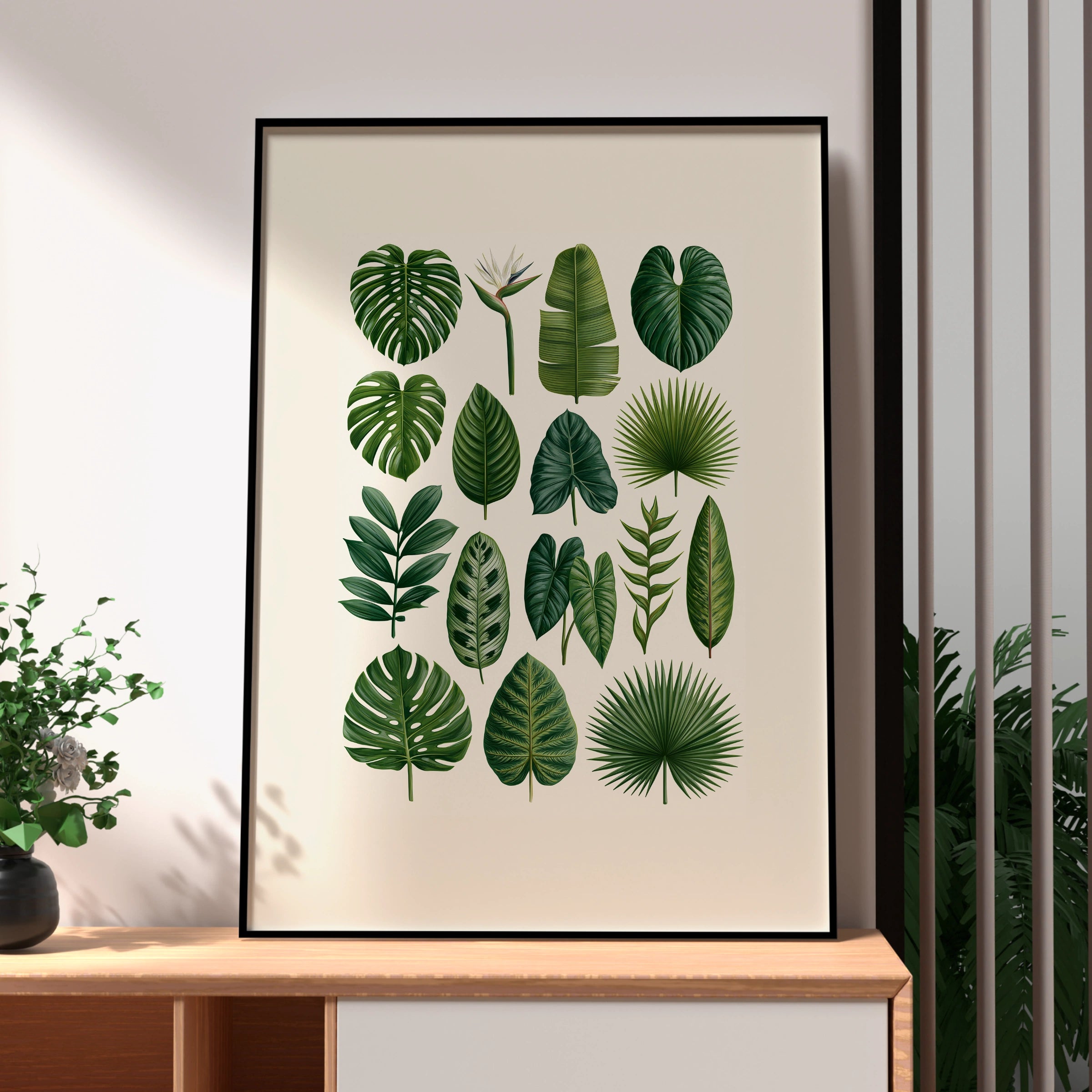 Tropical Botanical Leaf Collection Poster, Monstera Palm Print, Green Wall Art