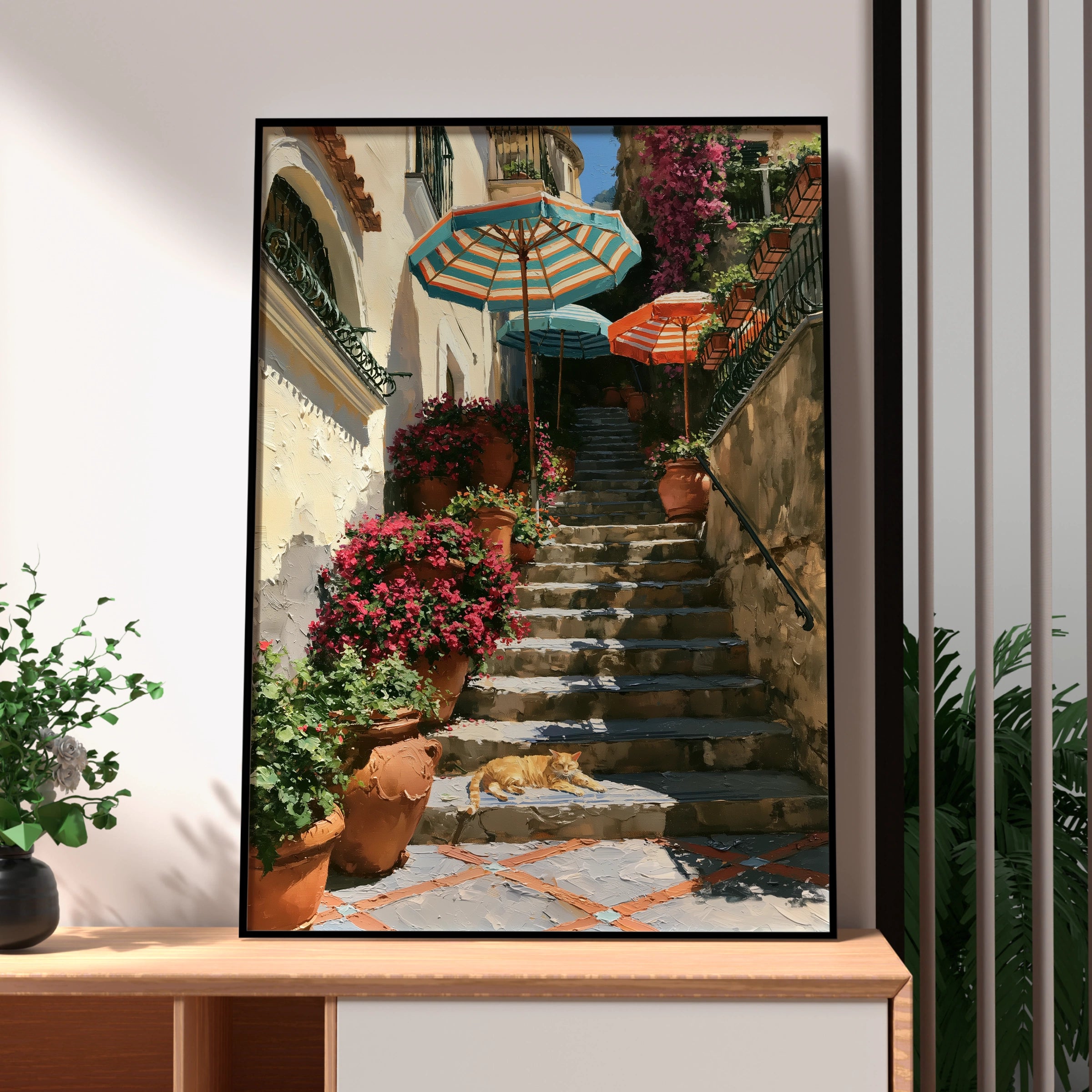 Cat on Positano Steps Poster, Italian Amalfi Coast Wall Art, Oil Painting Style