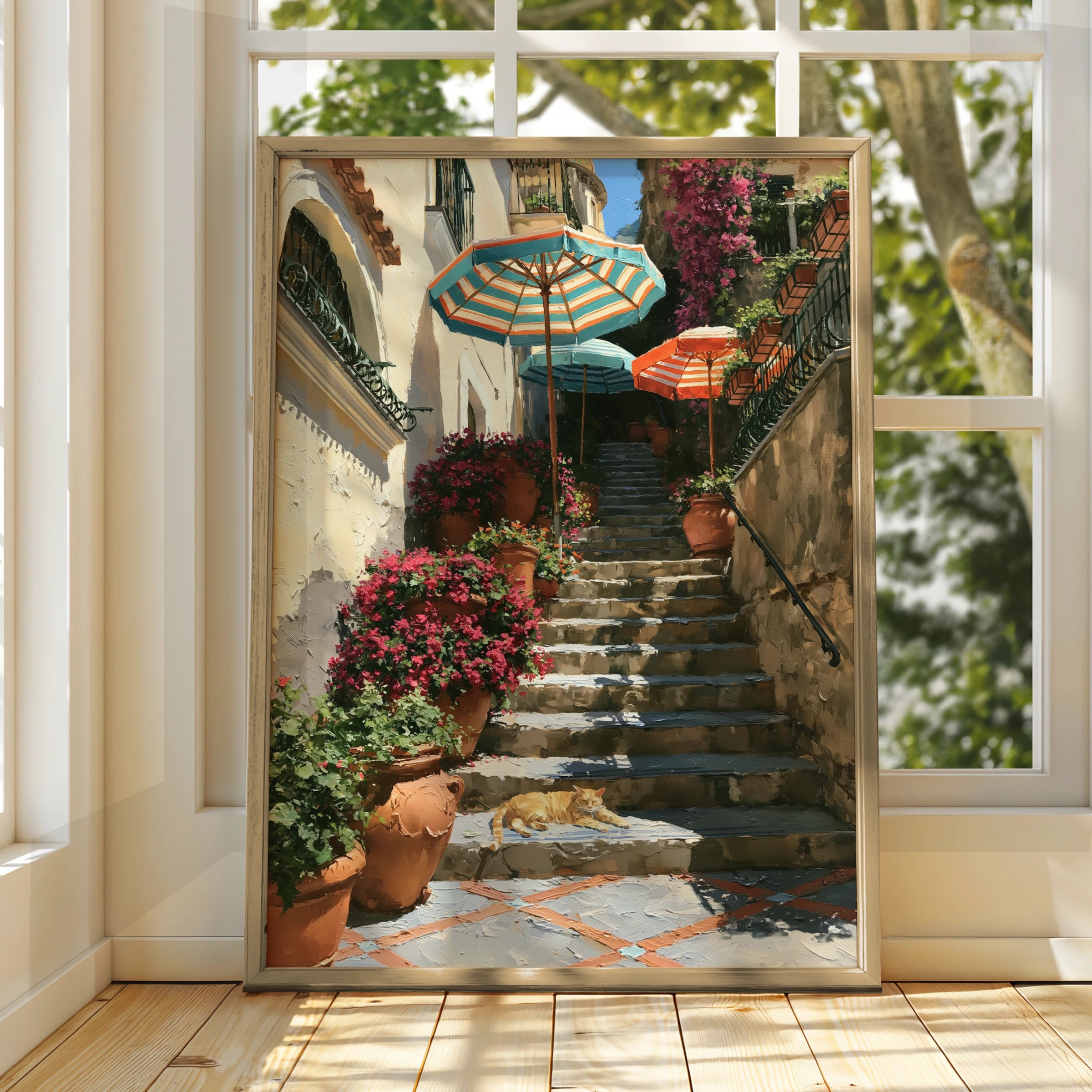 Cat on Positano Steps Poster, Italian Amalfi Coast Wall Art, Oil Painting Style