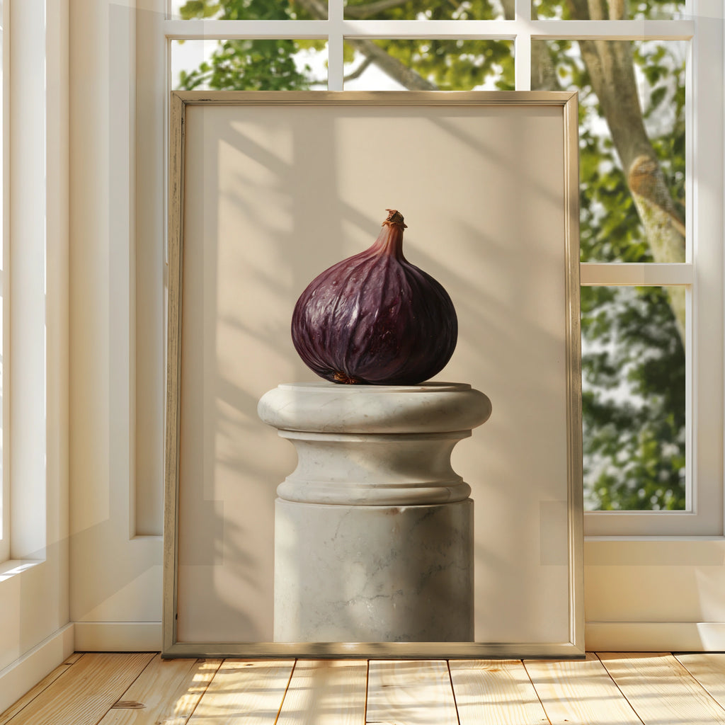 Fig on Marble Pedestal Wall Art Poster, Still Life Print, Minimalist Kitchen