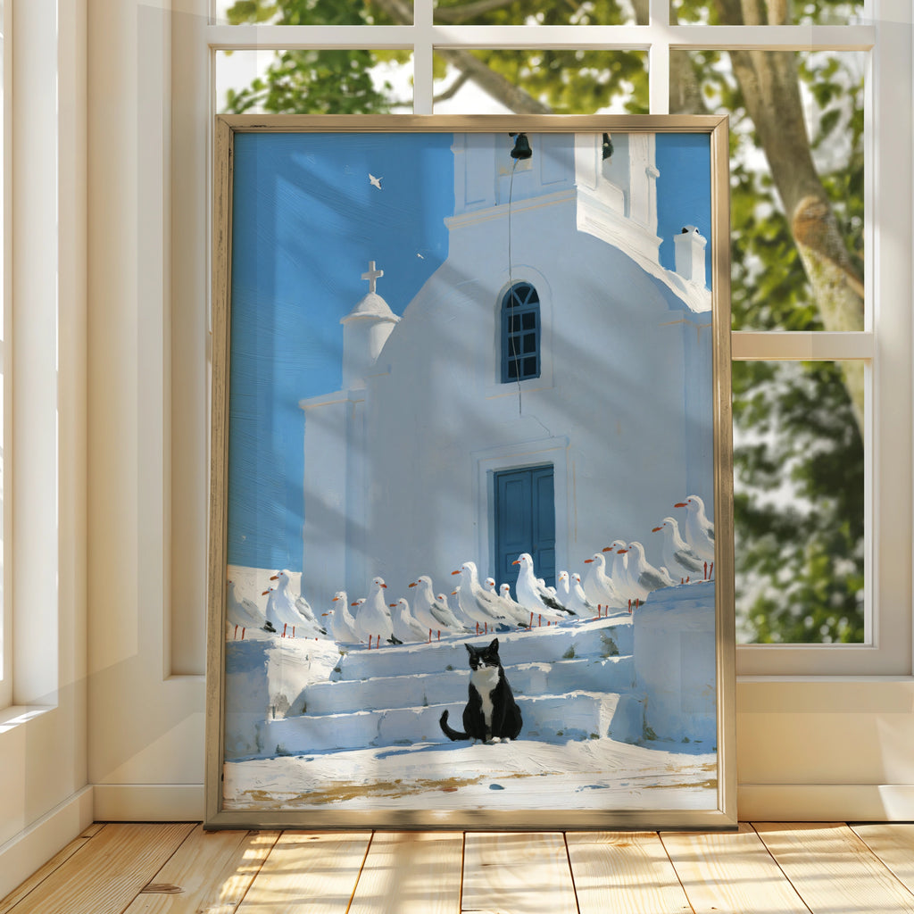 Cat & Seagulls Greek Church Poster, Santorini Wall Art, Mediterranean Print