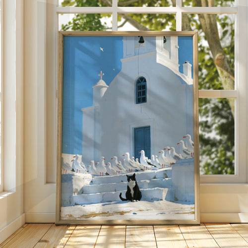 Cat & Seagulls Greek Church Poster, Santorini Wall Art, Mediterranean Print