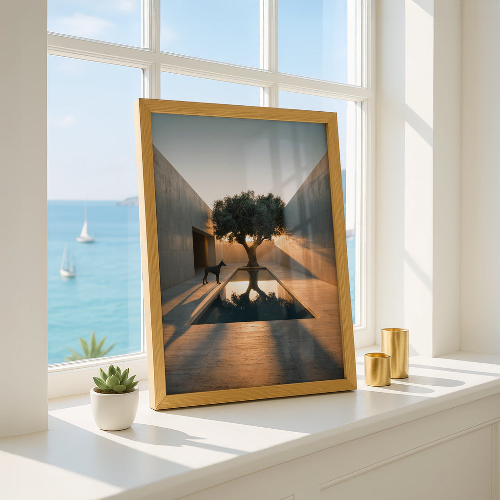 Doberman Olive Tree Sunset Courtyard Wall Art Poster, Minimalist Architecture Print