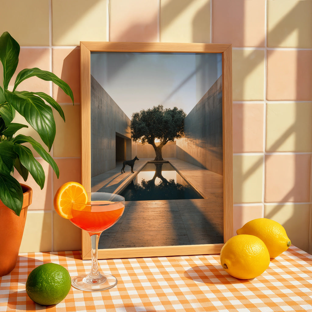 Doberman Olive Tree Sunset Courtyard Wall Art Poster, Minimalist Architecture Print