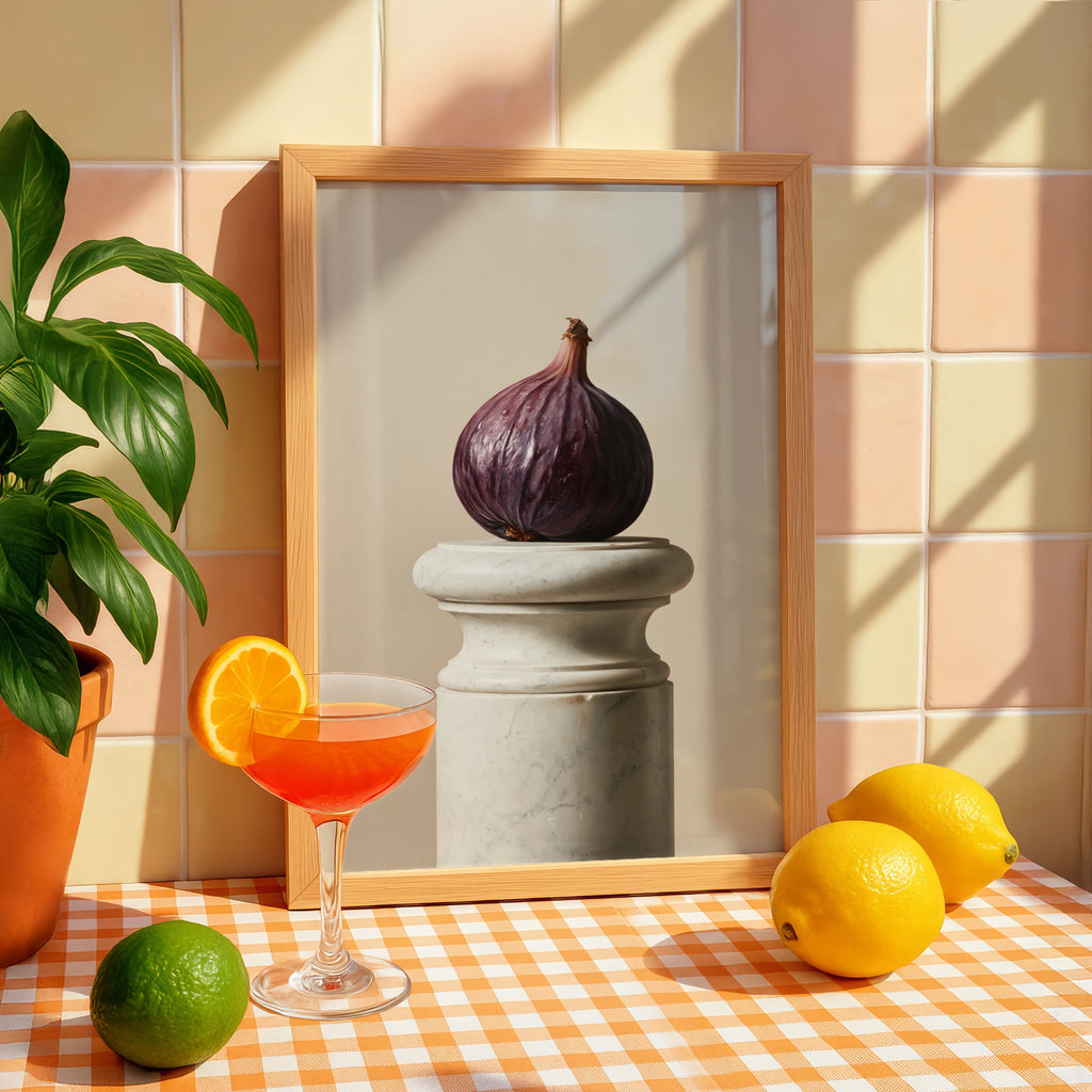 Fig on Marble Pedestal Wall Art Poster, Still Life Print, Minimalist Kitchen