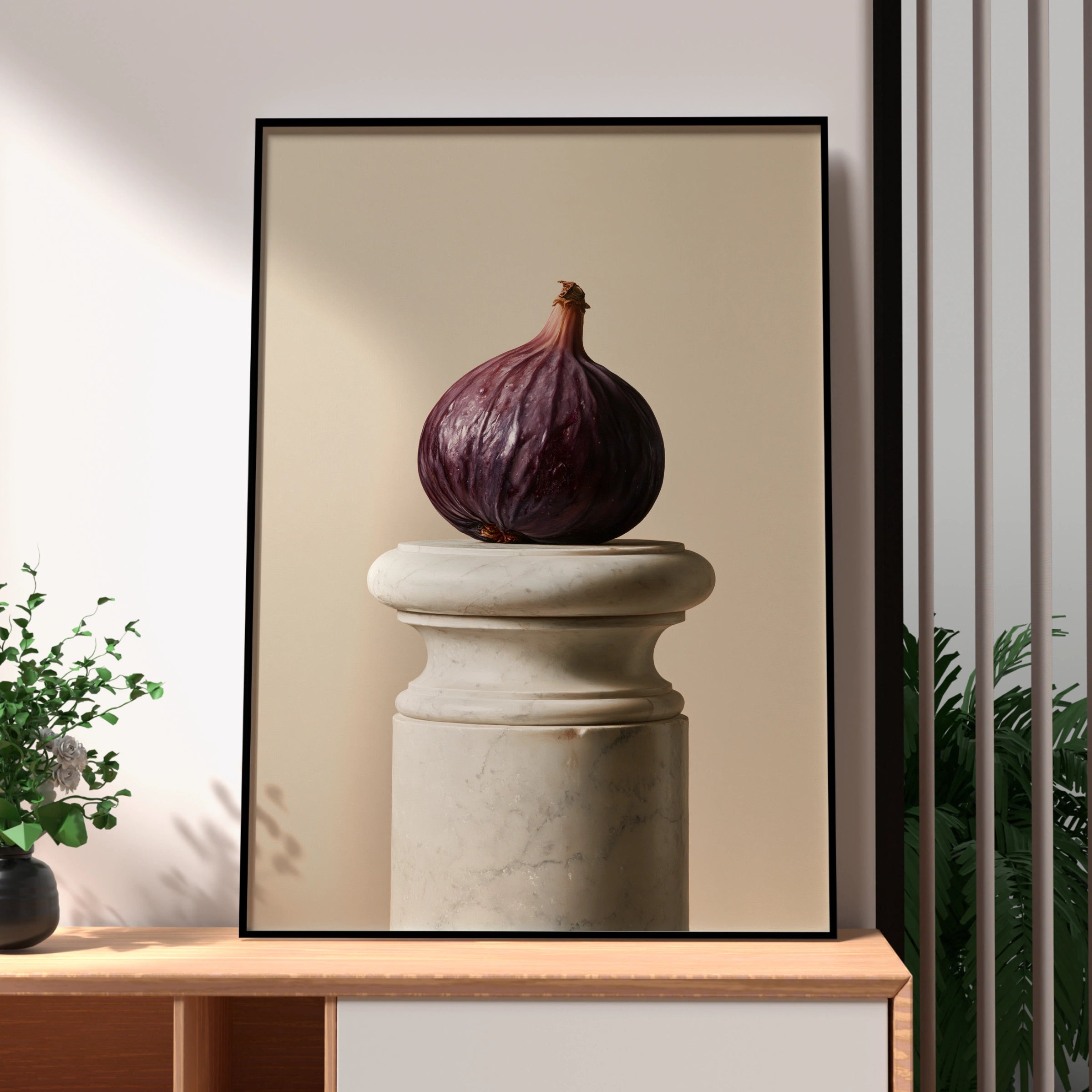 Fig on Marble Pedestal Wall Art Poster, Still Life Print, Minimalist Kitchen