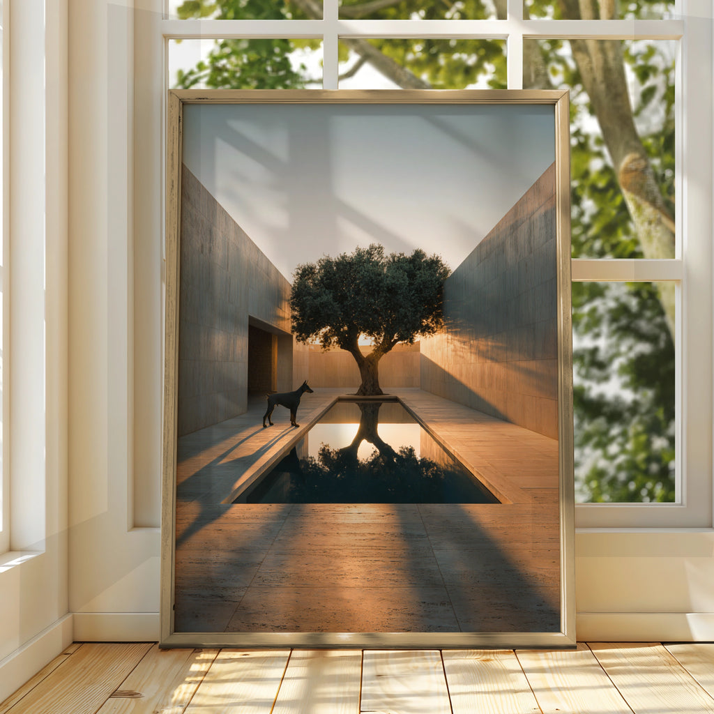 Doberman Olive Tree Sunset Courtyard Wall Art Poster, Minimalist Architecture Print