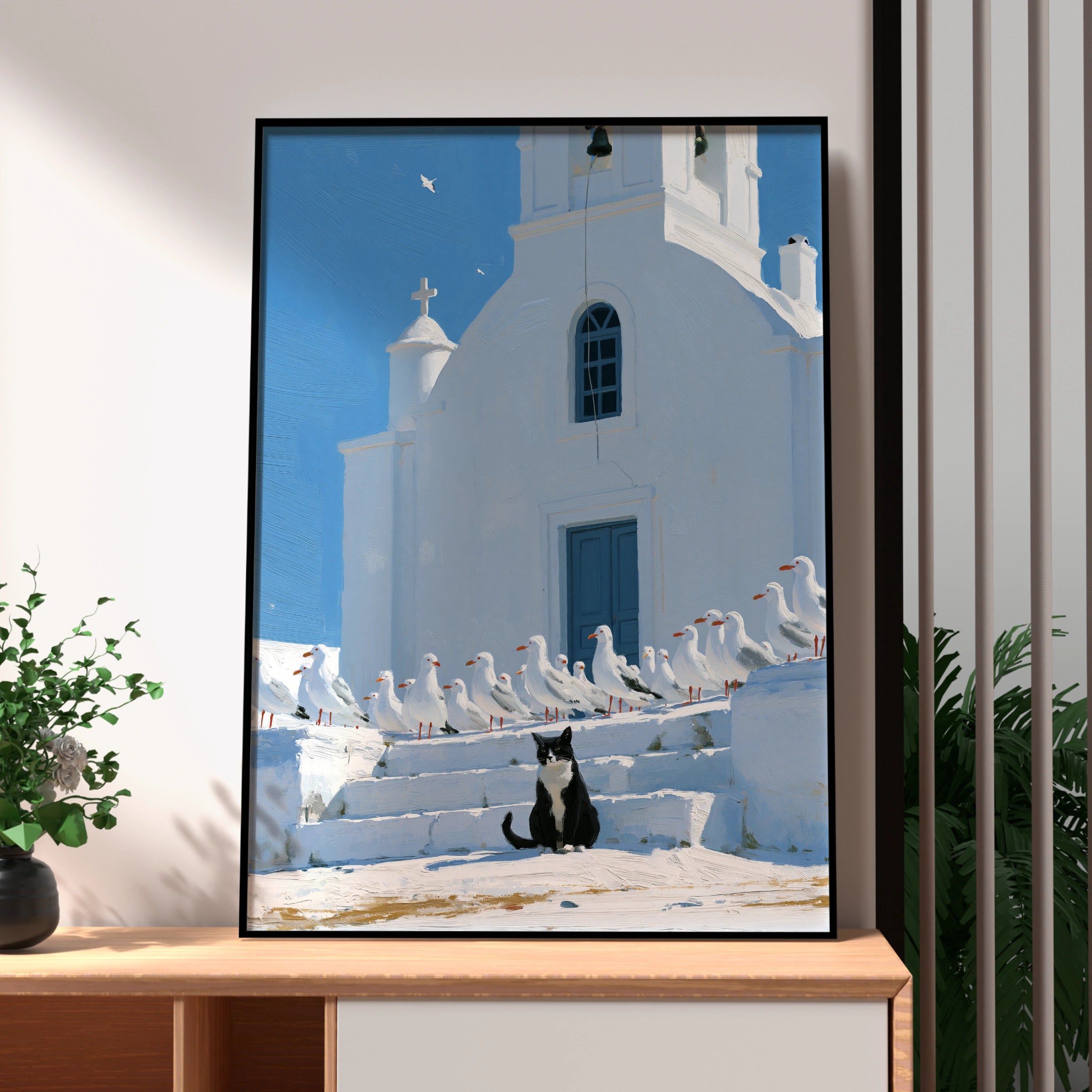 Cat & Seagulls Greek Church Poster, Santorini Wall Art, Mediterranean Print