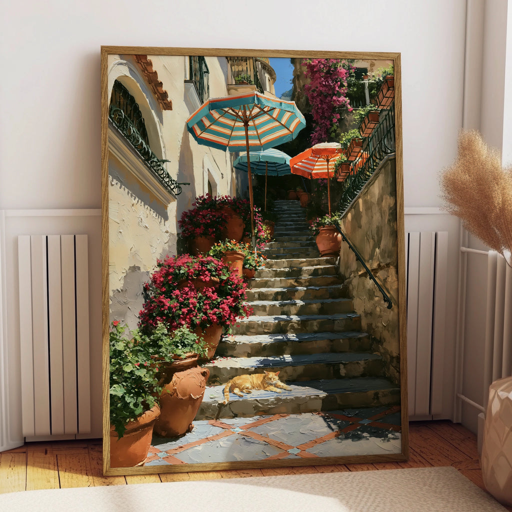 Cat on Positano Steps Poster, Italian Amalfi Coast Wall Art, Oil Painting Style