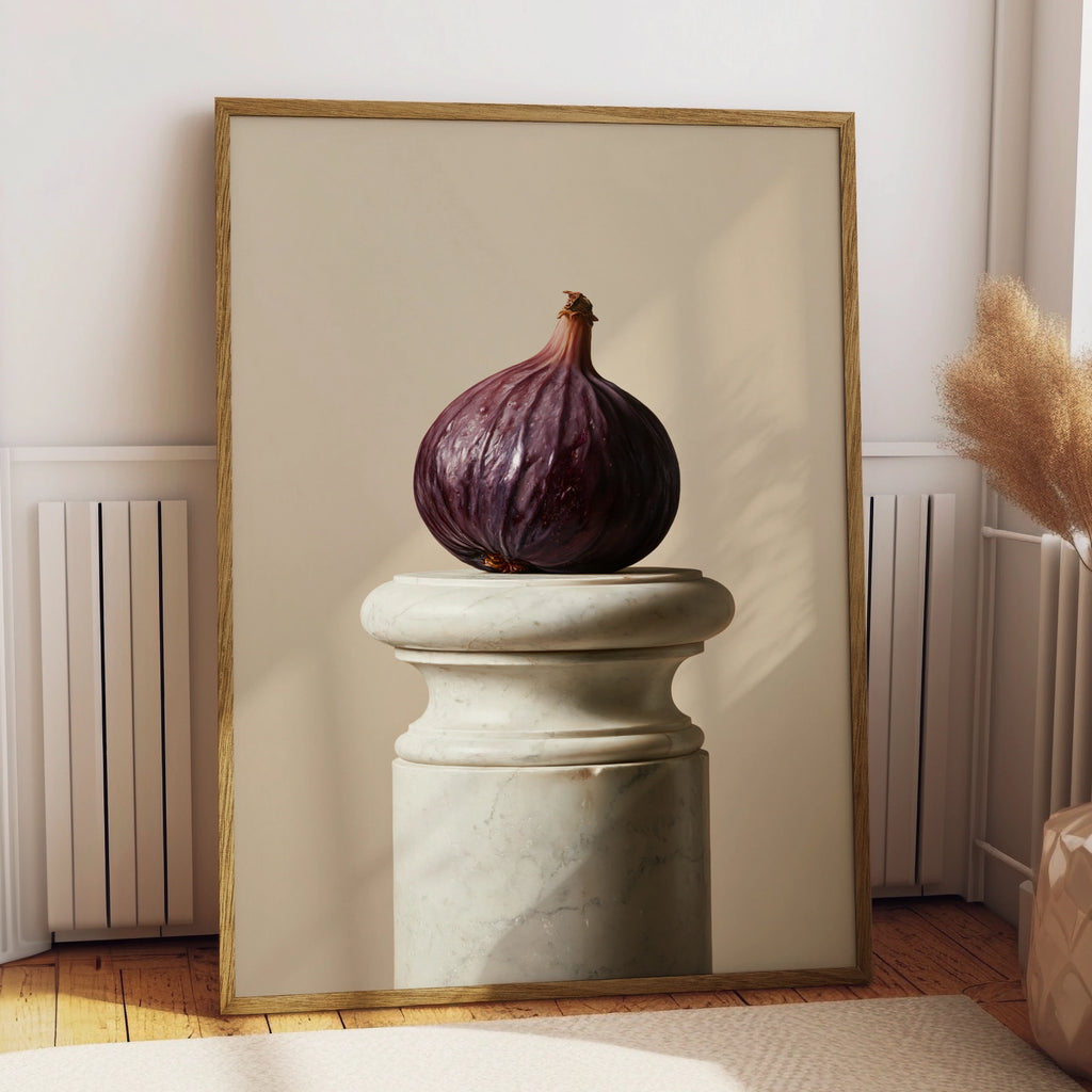 Fig on Marble Pedestal Wall Art Poster, Still Life Print, Minimalist Kitchen