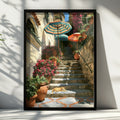 Cat on Positano Steps Poster, Italian Amalfi Coast Wall Art, Oil Painting Style