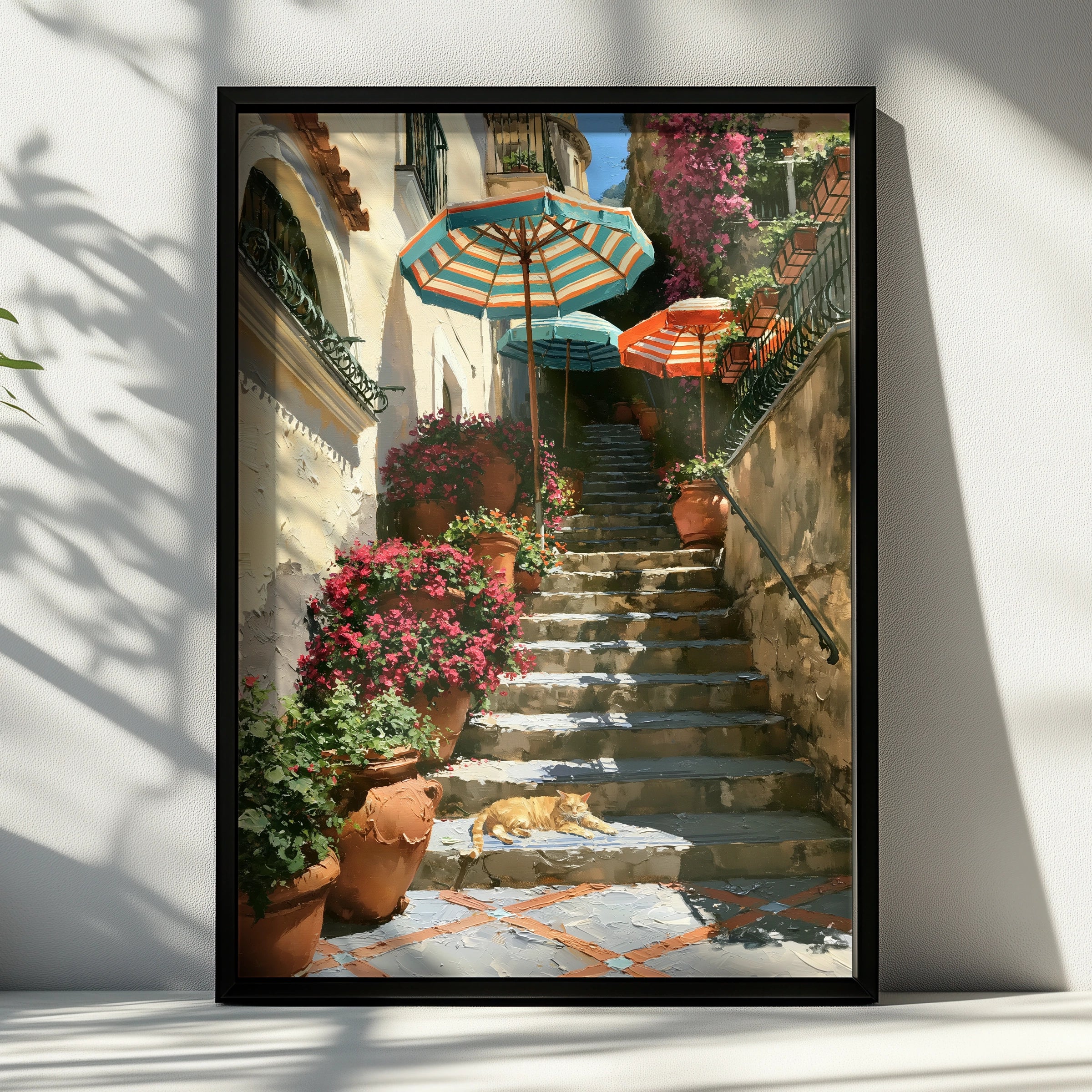 Cat on Positano Steps Poster, Italian Amalfi Coast Wall Art, Oil Painting Style