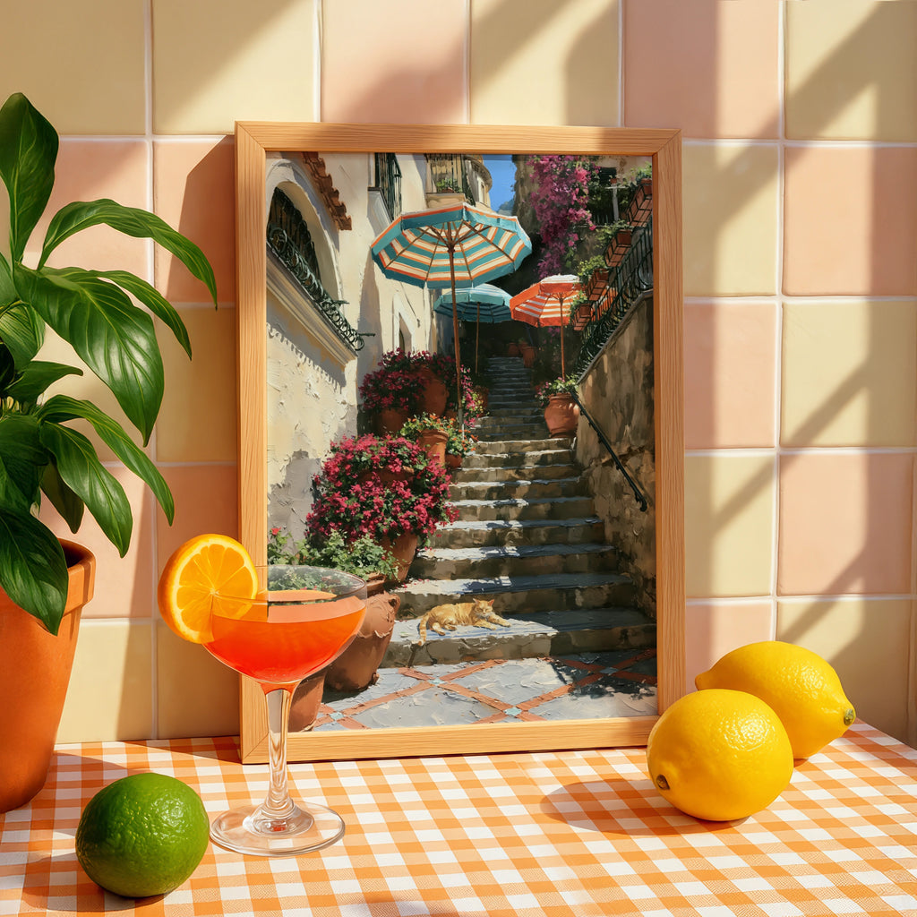 Cat on Positano Steps Poster, Italian Amalfi Coast Wall Art, Oil Painting Style