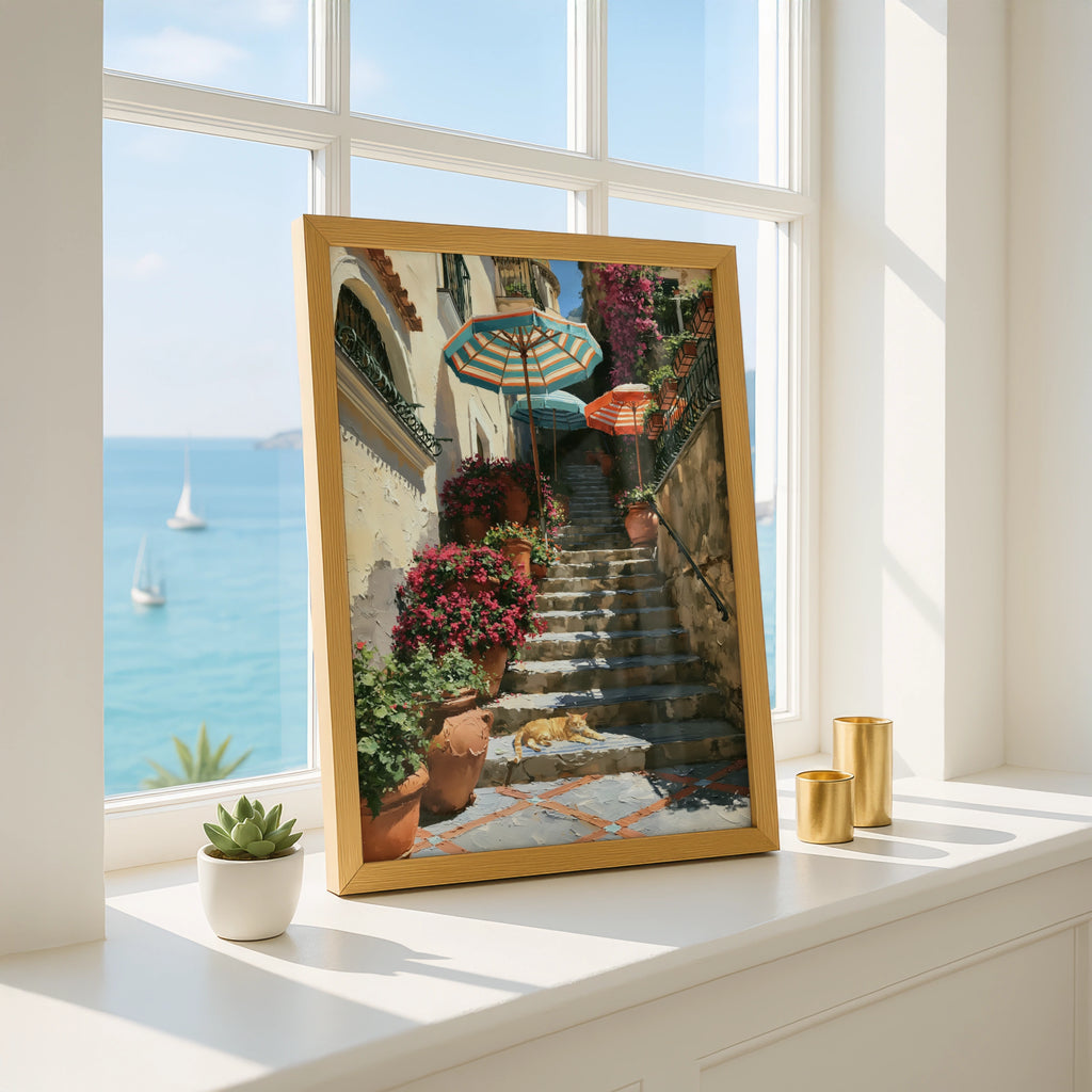 Cat on Positano Steps Poster, Italian Amalfi Coast Wall Art, Oil Painting Style
