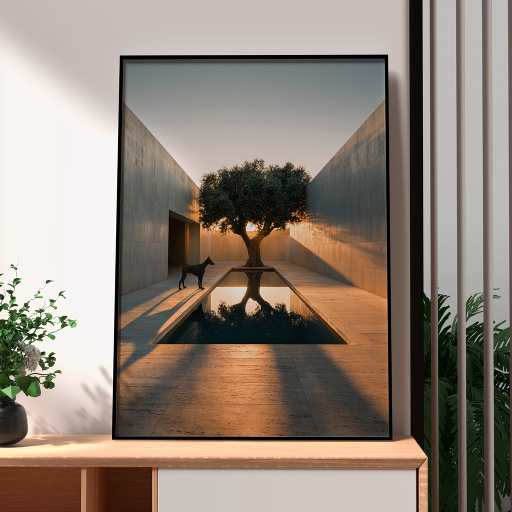 Doberman Olive Tree Sunset Courtyard Wall Art Poster, Minimalist Architecture Print