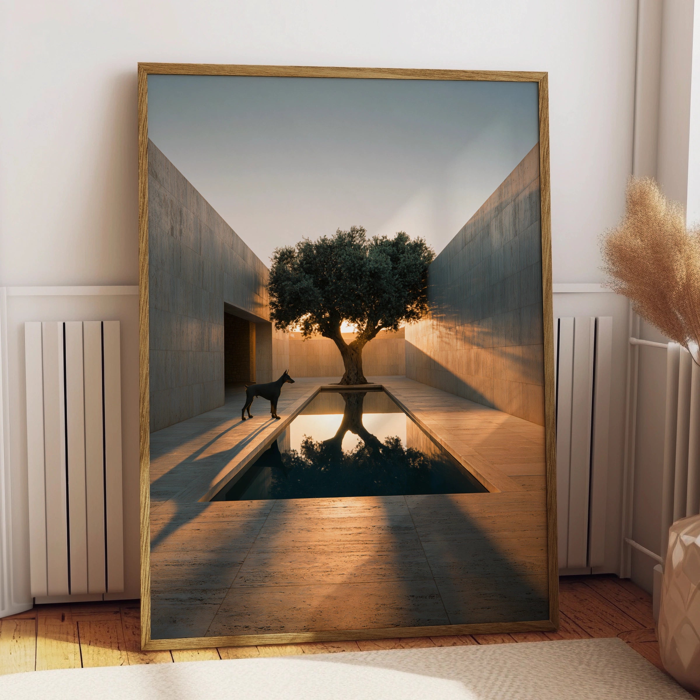 Doberman Olive Tree Sunset Courtyard Wall Art Poster, Minimalist Architecture Print