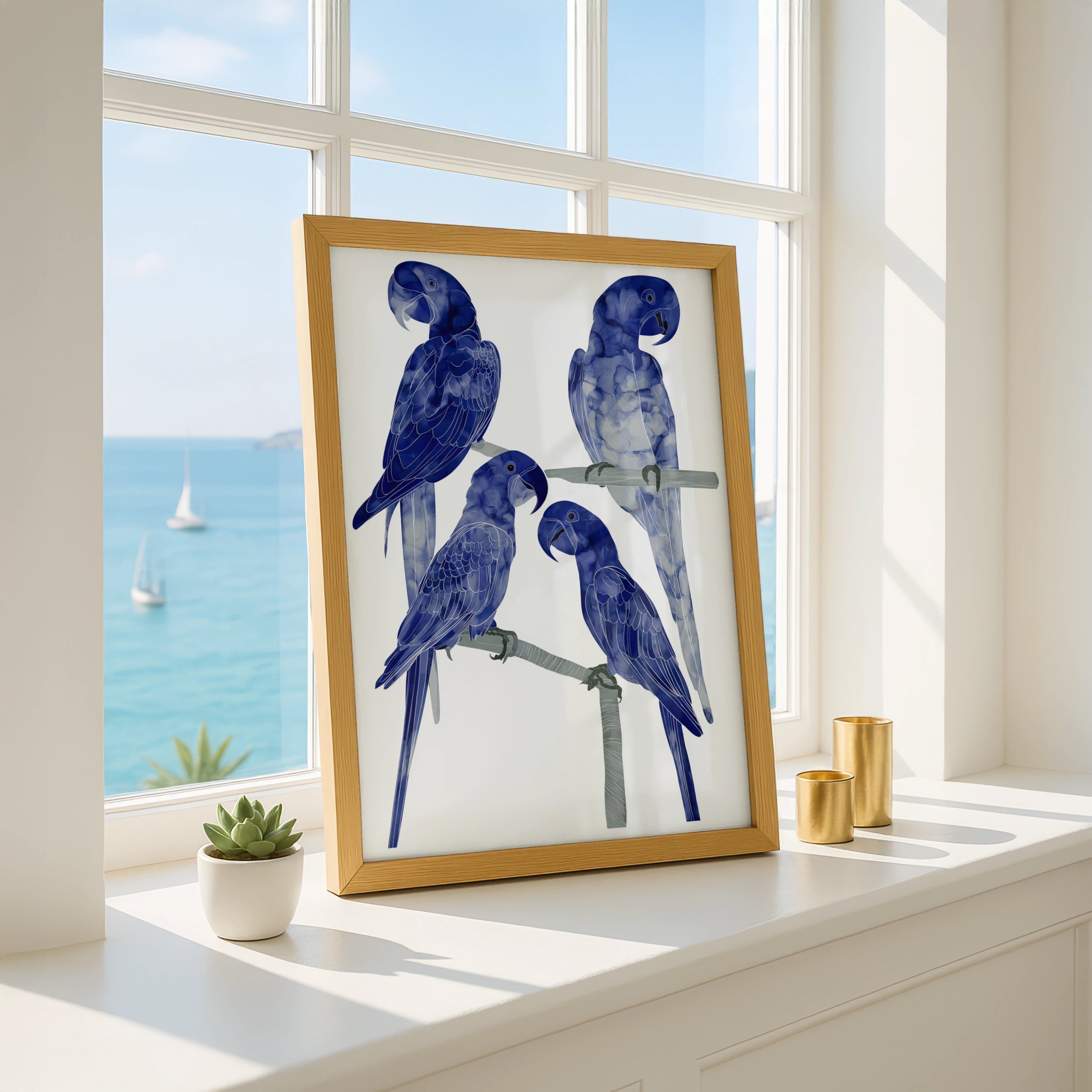 Blue Macaw Poster, Four Parrots on Branches, Navy Bird Wall Art Print