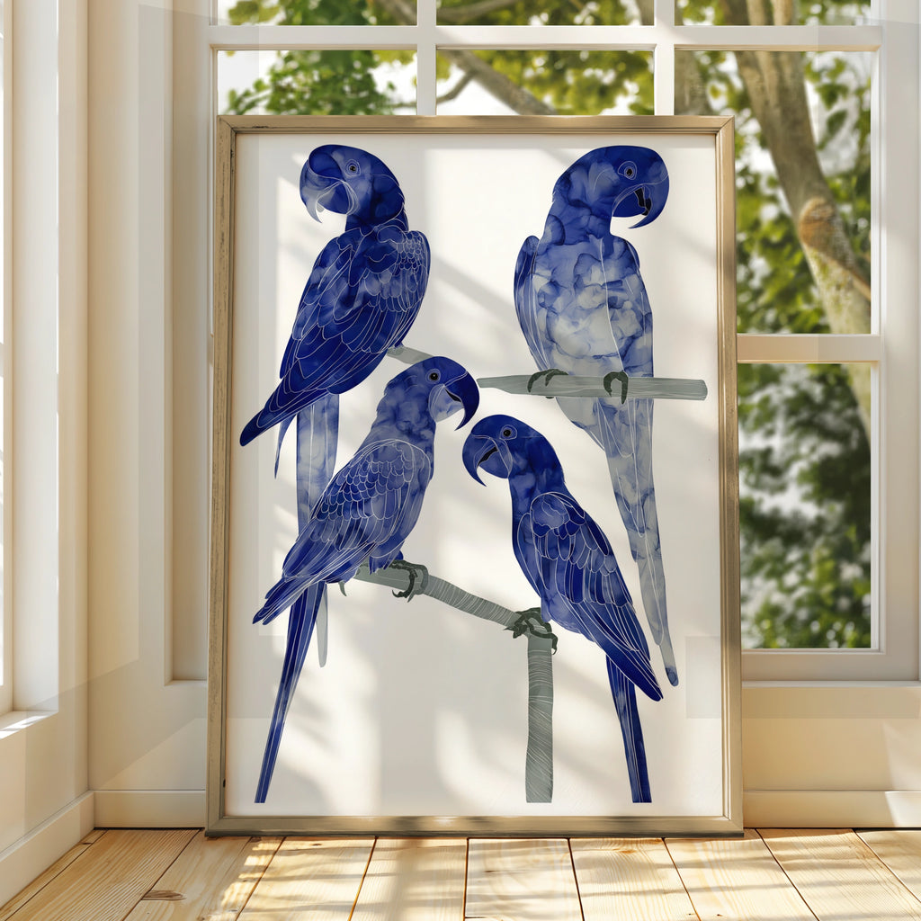 Blue Macaw Poster, Four Parrots on Branches, Navy Bird Wall Art Print