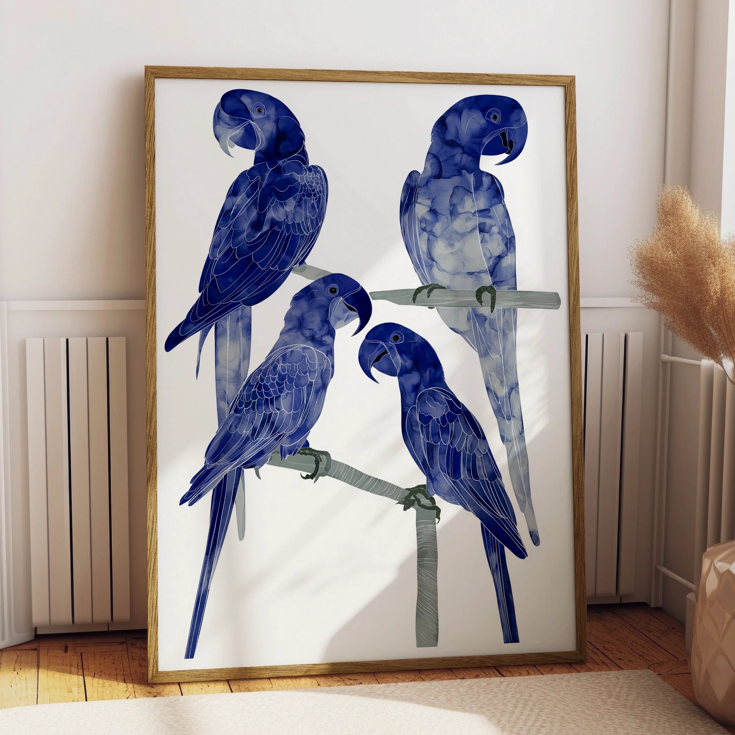 Blue Macaw Poster, Four Parrots on Branches, Navy Bird Wall Art Print