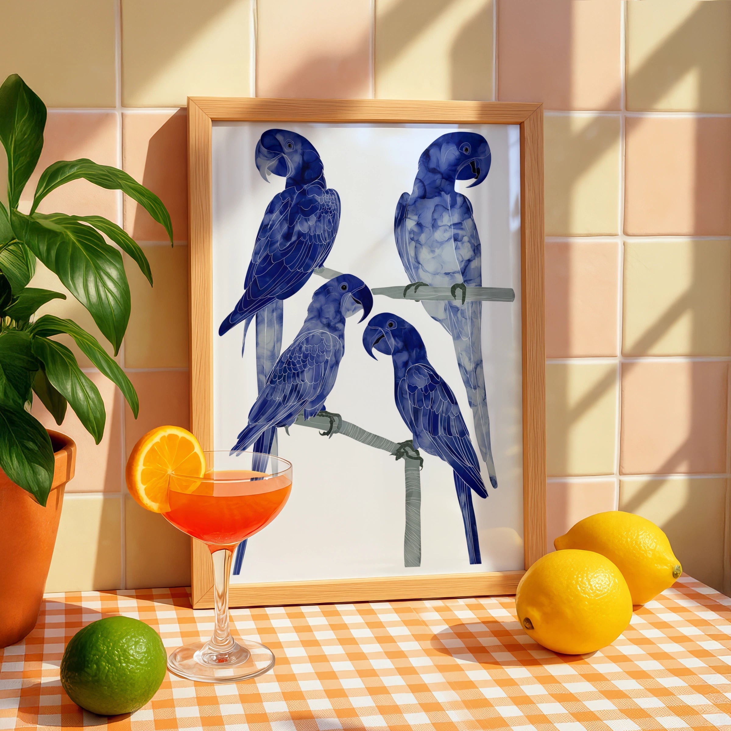 Blue Macaw Poster, Four Parrots on Branches, Navy Bird Wall Art Print