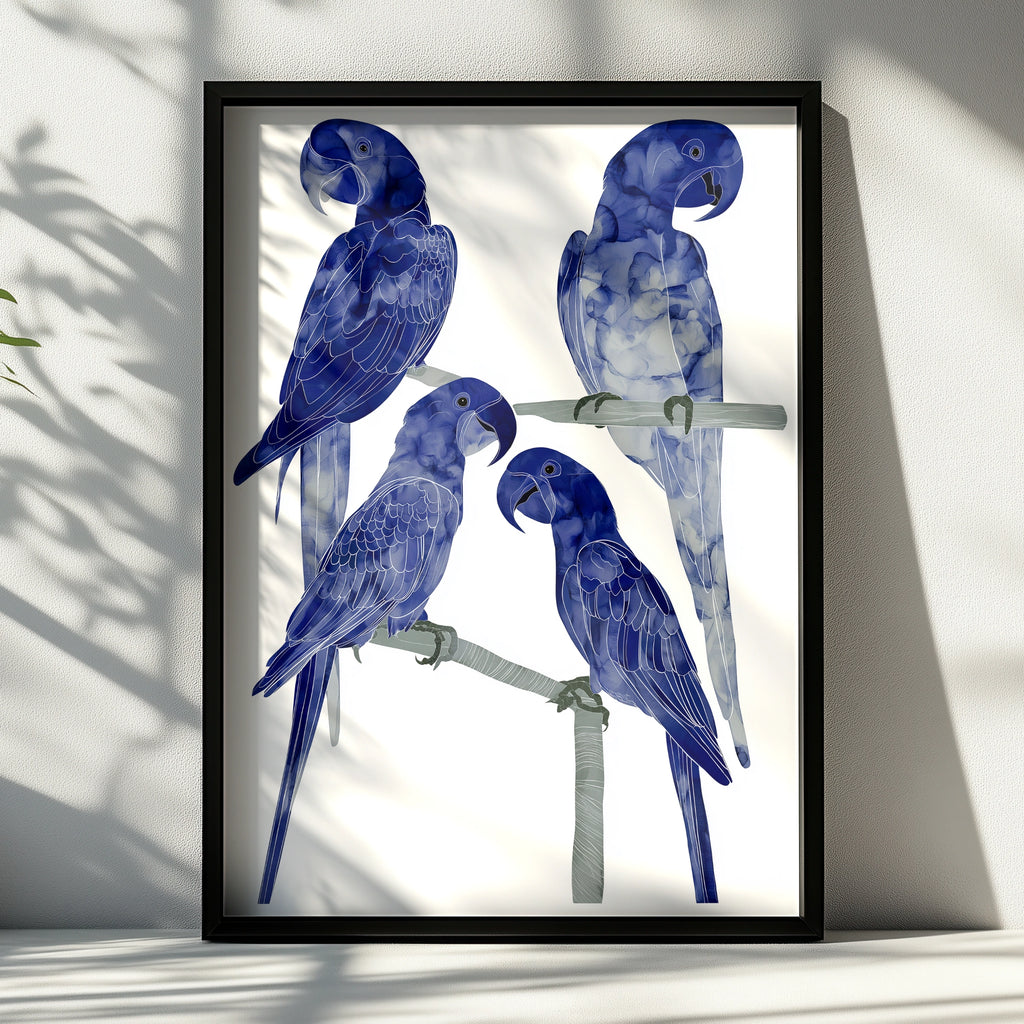 Blue Macaw Poster, Four Parrots on Branches, Navy Bird Wall Art Print