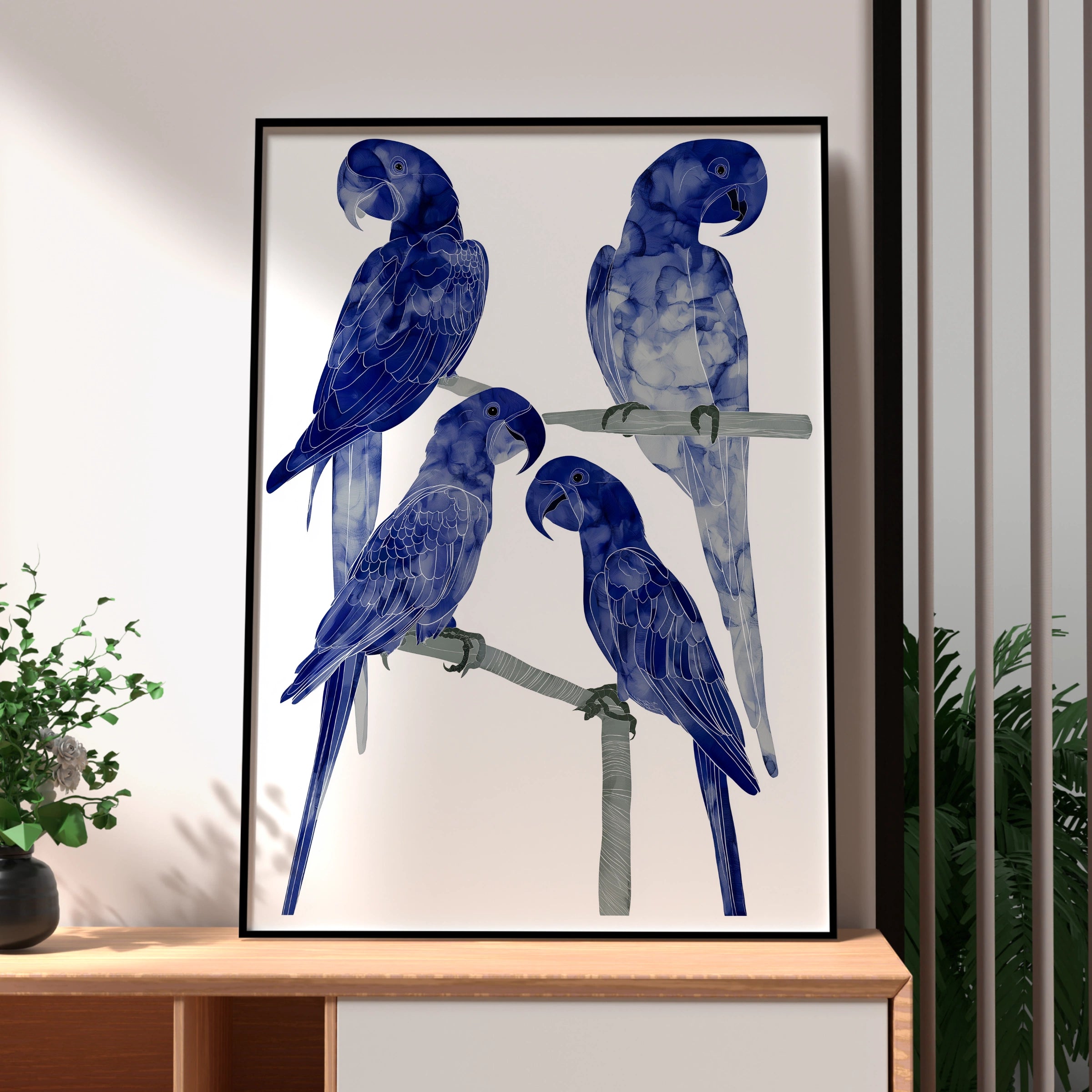 Blue Macaw Poster, Four Parrots on Branches, Navy Bird Wall Art Print