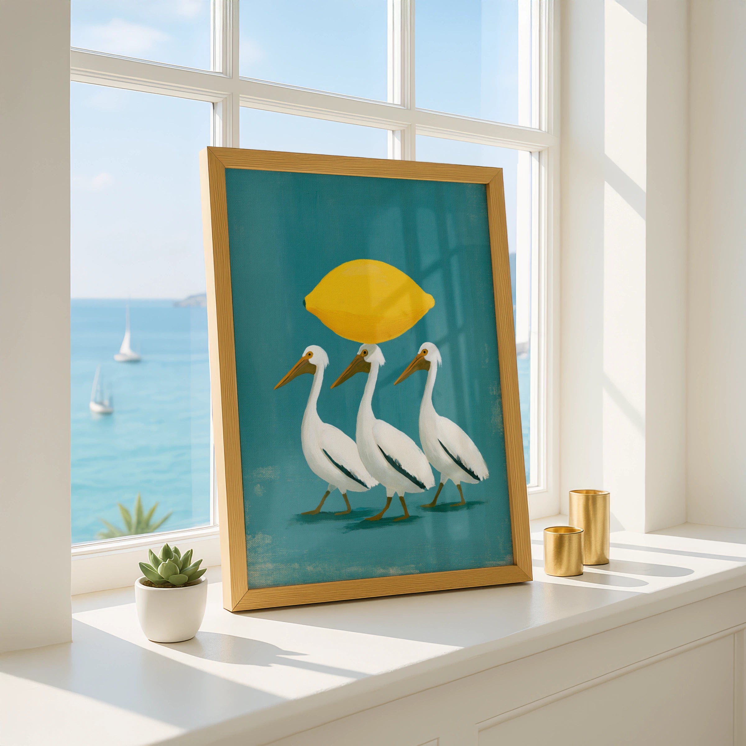 Pelicans with Lemon Wall Art Poster, Whimsical Bird Print, Teal Yellow