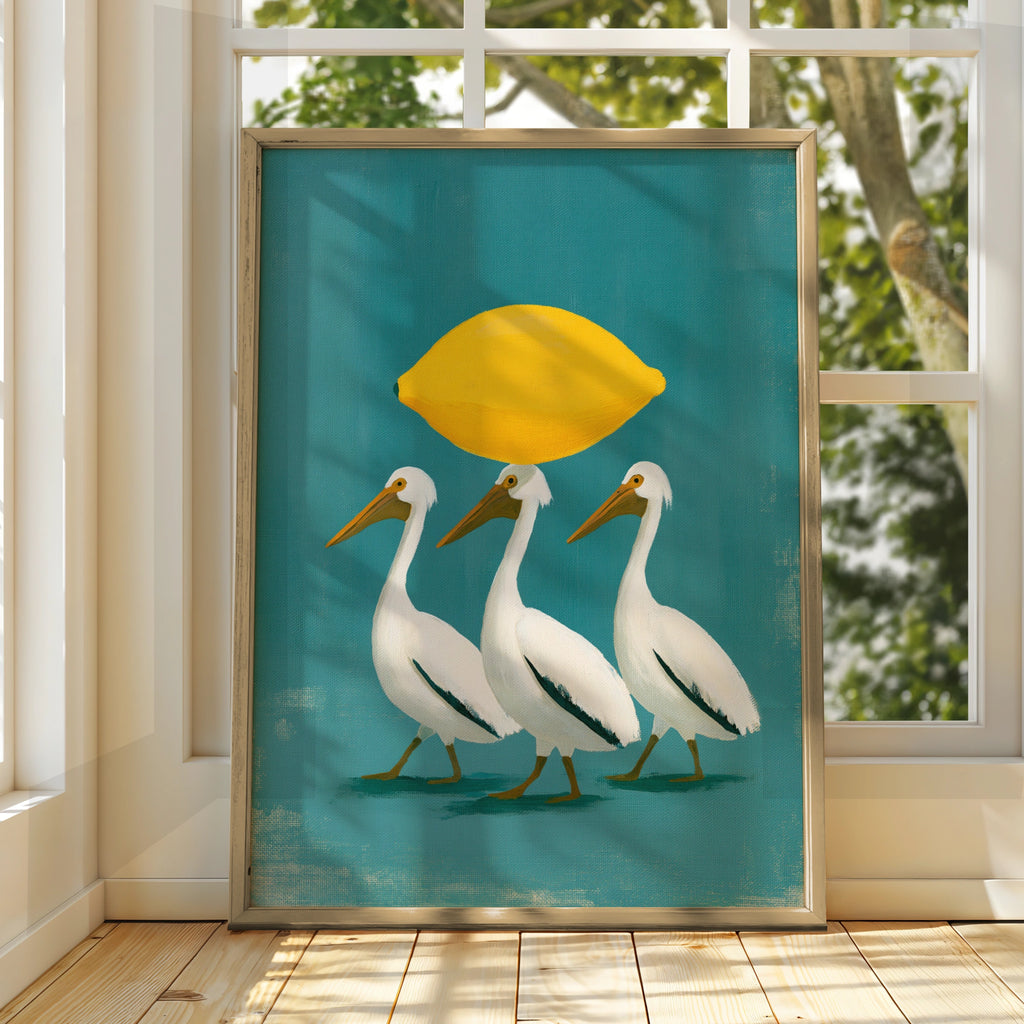 Pelicans with Lemon Wall Art Poster, Whimsical Bird Print, Teal Yellow