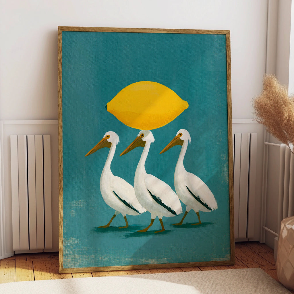 Pelicans with Lemon Wall Art Poster, Whimsical Bird Print, Teal Yellow