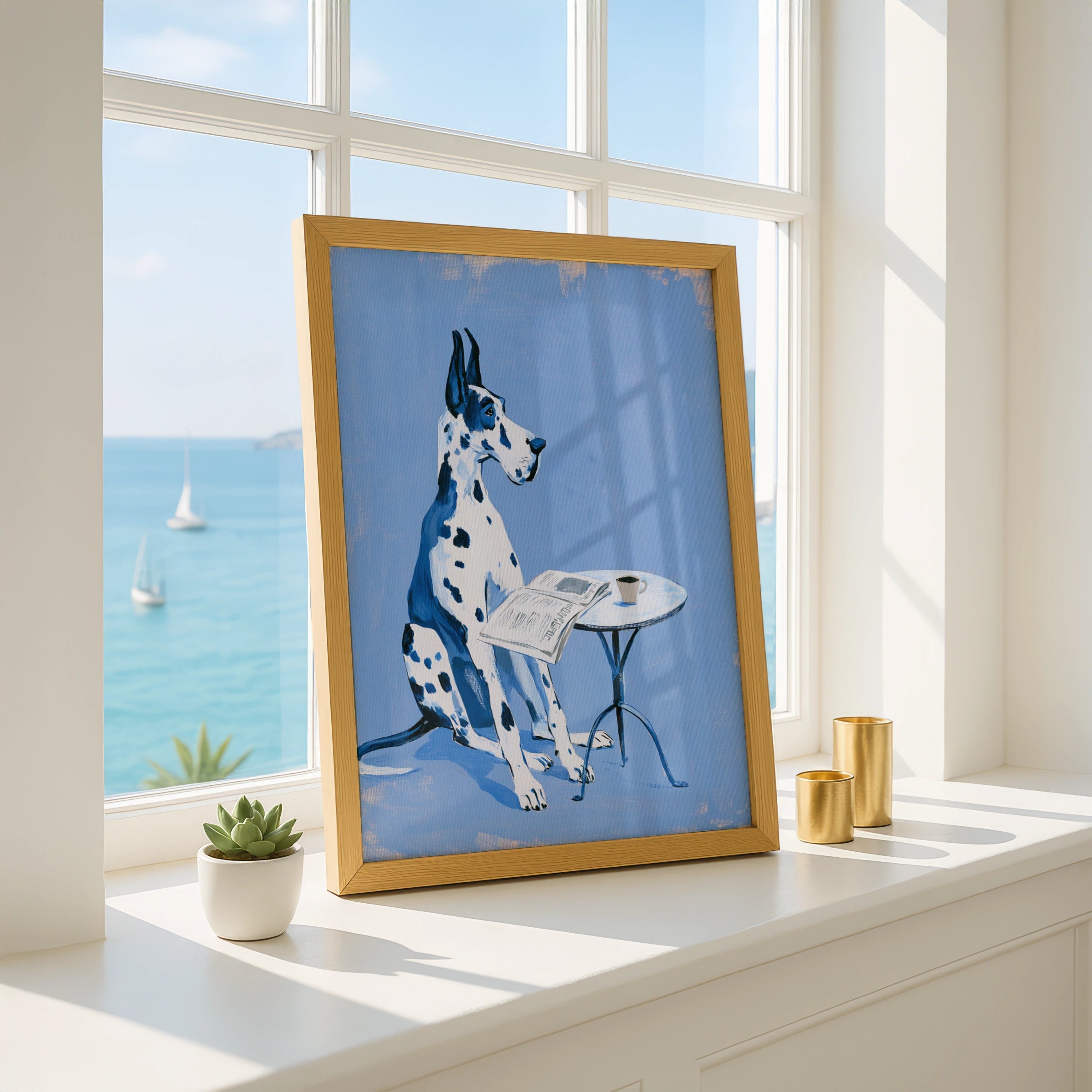 Great Dane Blue Poster, Dog Reading Newspaper Cafe Art Print, Quirky Pet Wall Art